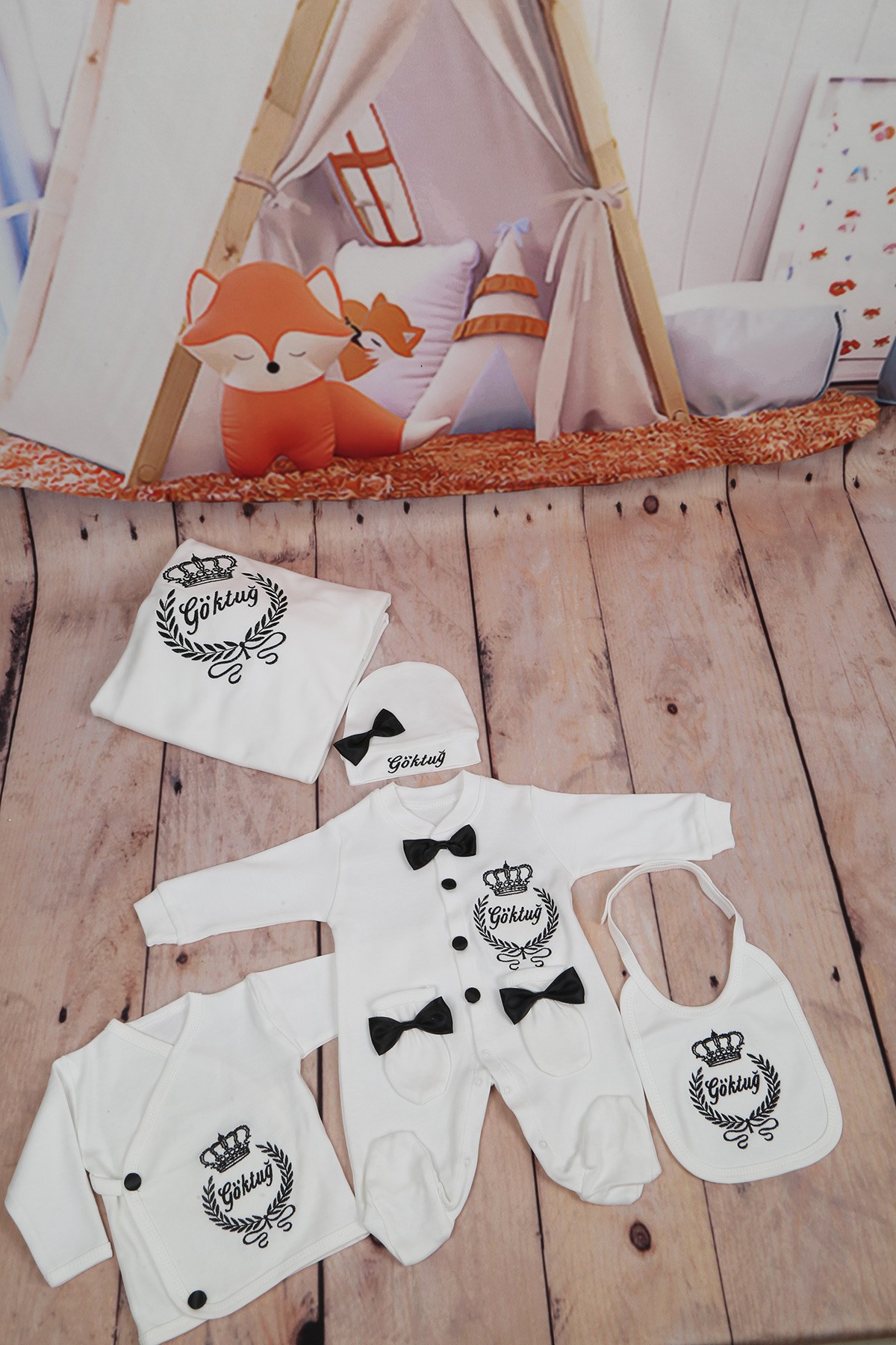 İsme Özel Siyah Tac Desenli 10'lu Bebek Tulum Seti-1010