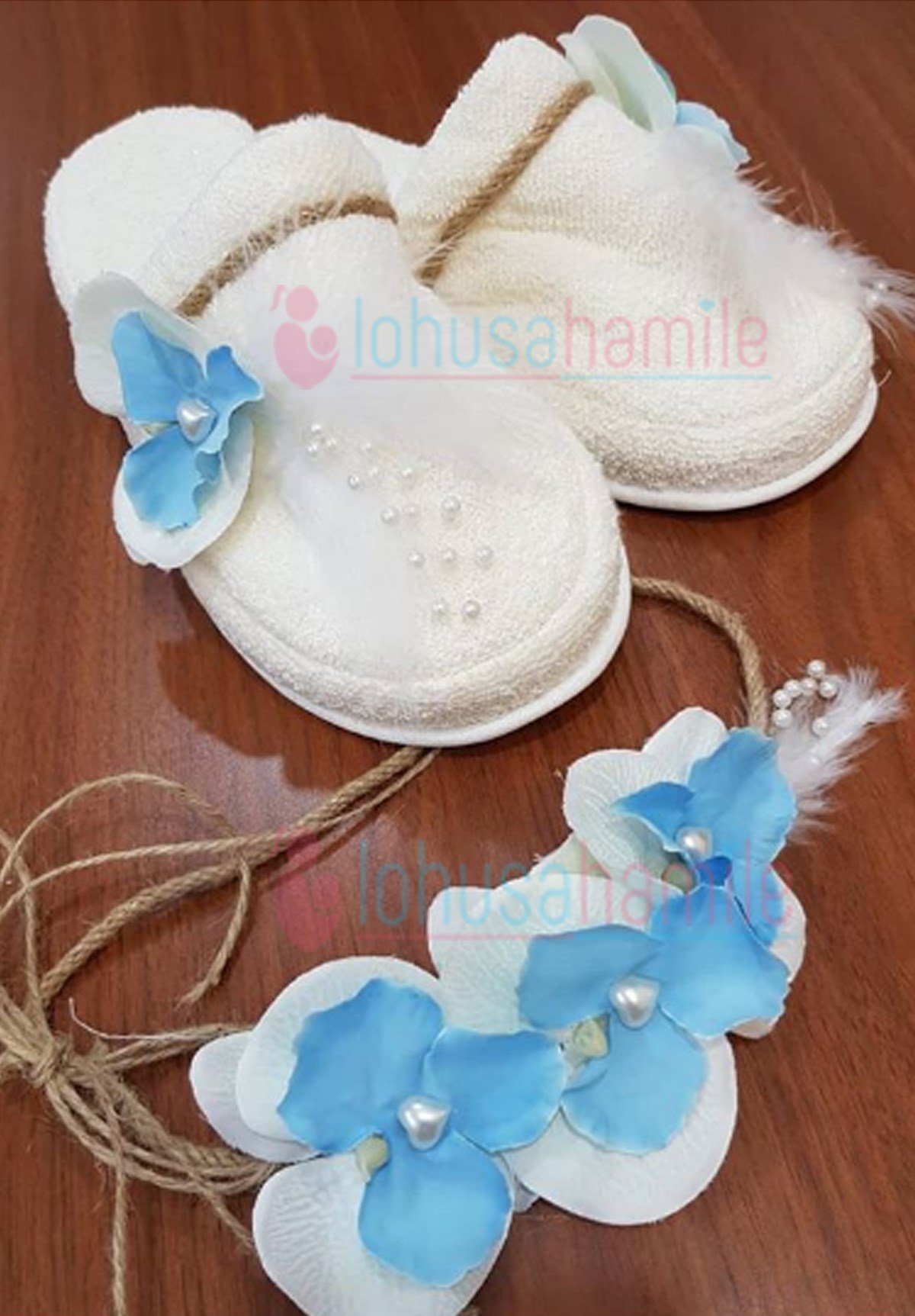 Lh 10108 Mavi Orkide Çiçekli Lohusa Tac ve Terlik Seti