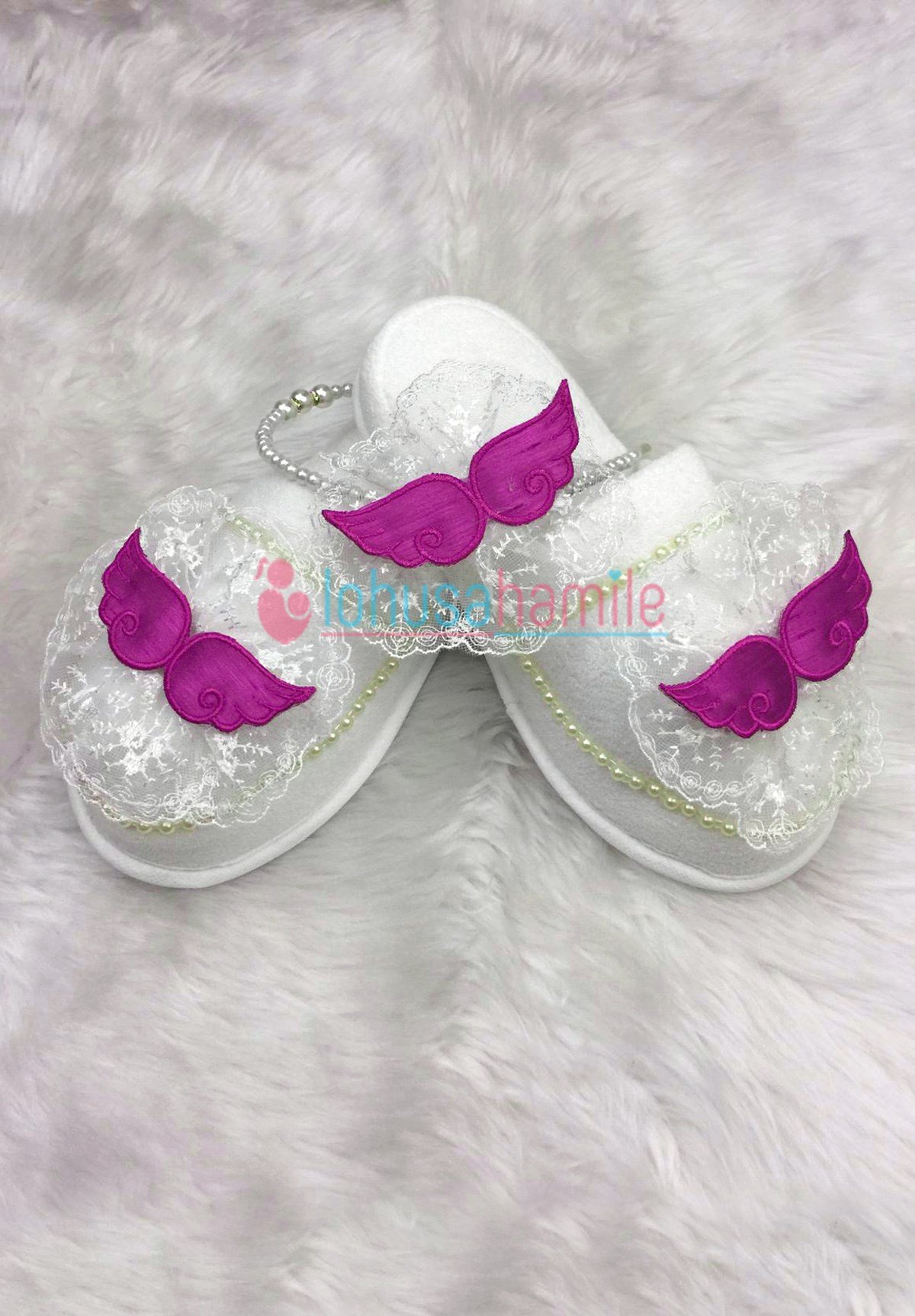 Lh 343 Fuşya Kanat Nakışlı Lohusa Tac ve Terlik Seti