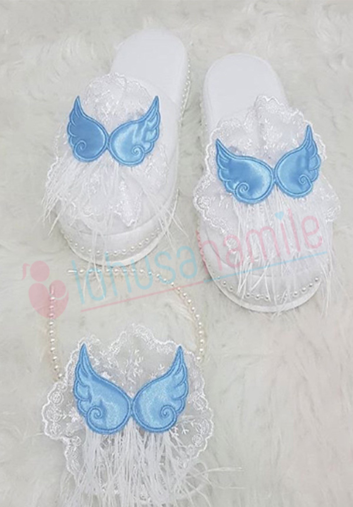 Lh 346 Mavi Kanat Tüylü Lohusa Tac ve Terlik Seti