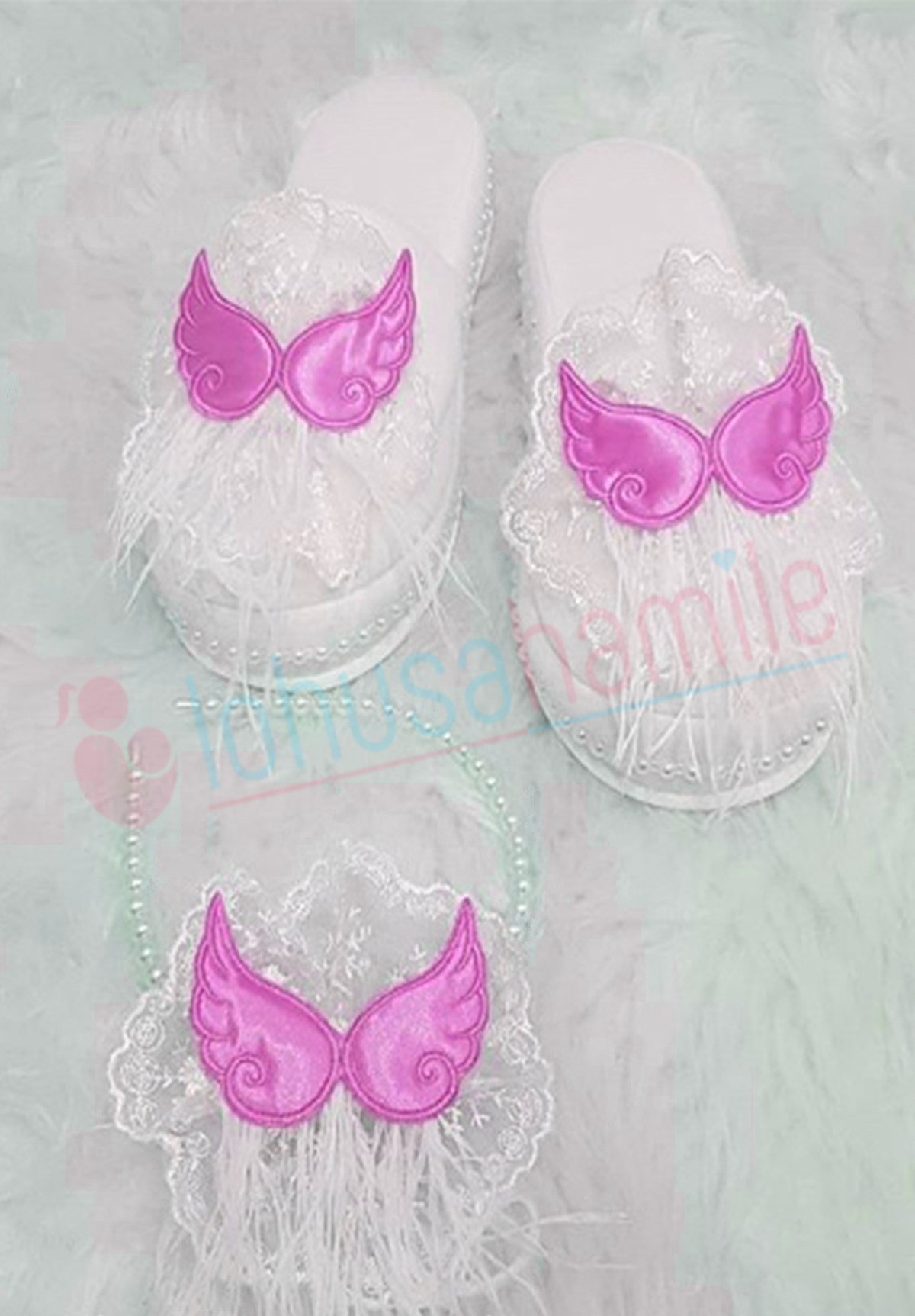 Lh 347 Pembe Kanat Tüylü Lohusa Tac ve Terlik Seti