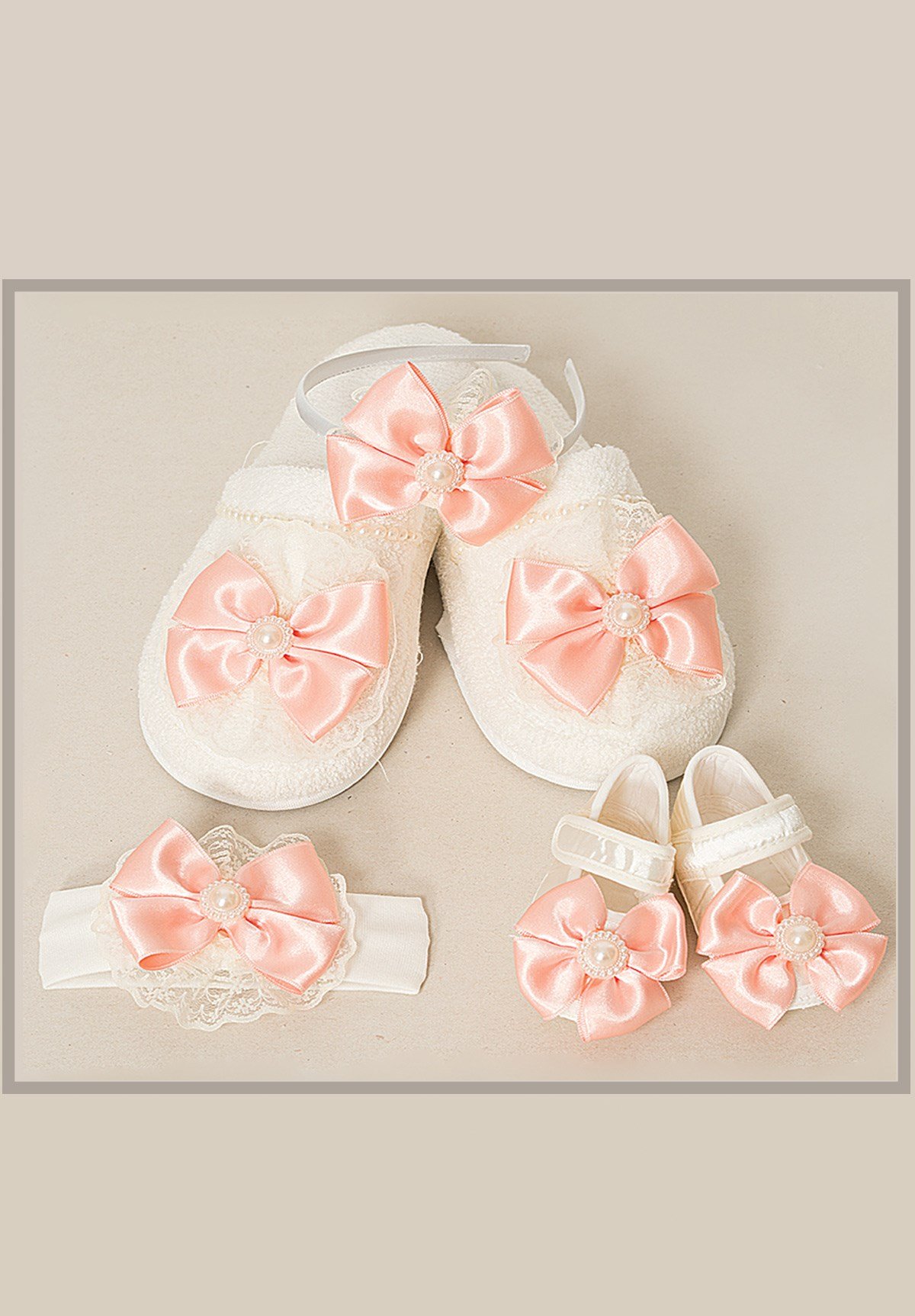 Lh 506 Pudra Fiyonklu Anne Bebek Terlik ve Tac Seti