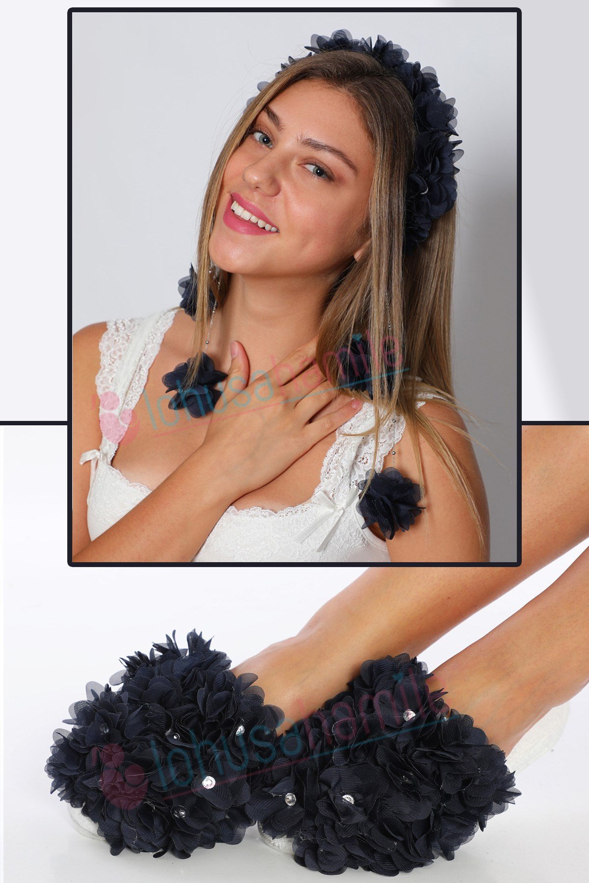 Lh23431 Lacivert Sarkan tac ve Beylem Lohusa Terlik Seti