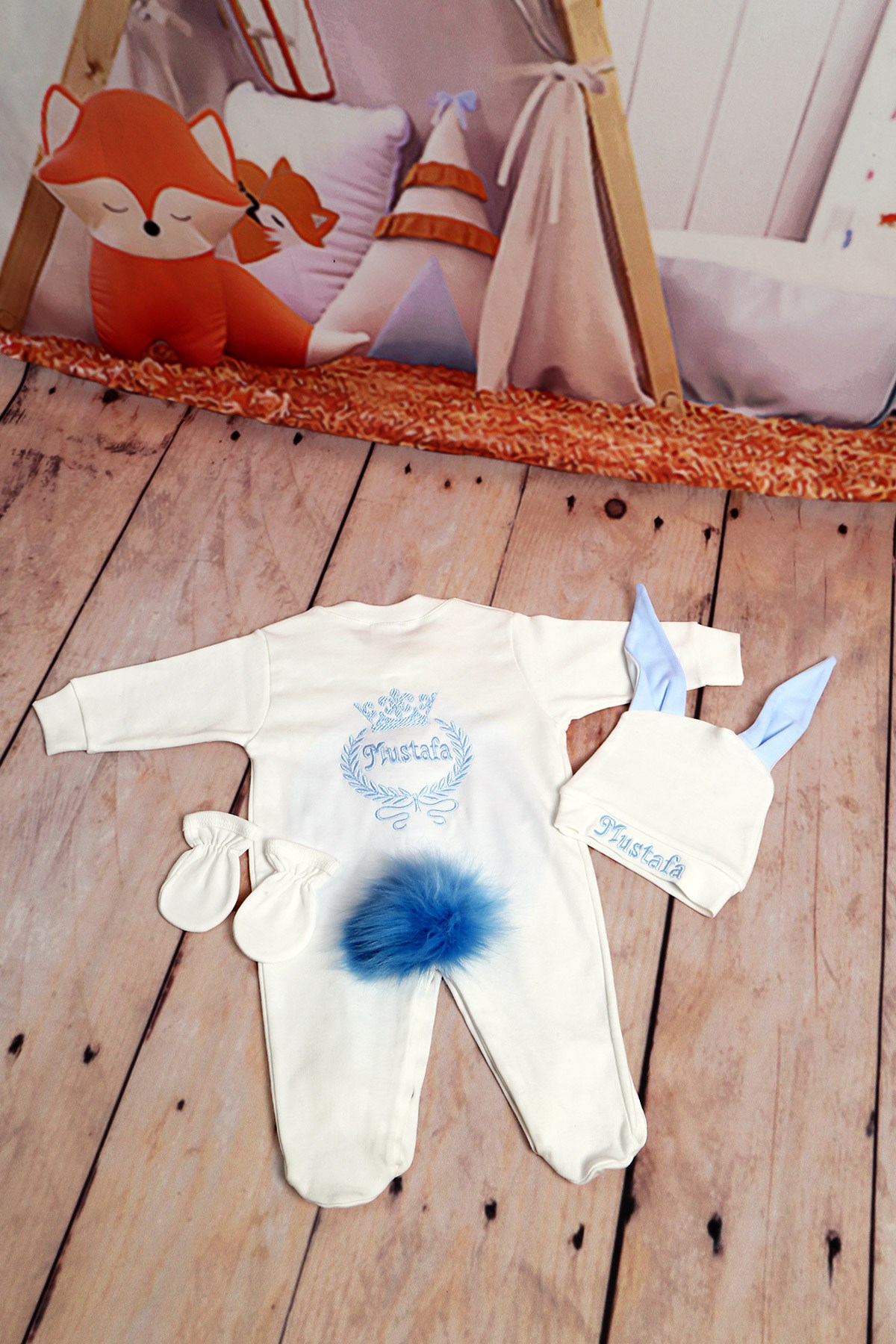 Lh3089 İsme Özel Ekru-Mavi Tavşanlı Nakışlı Hastane Çıkışı 3lü Set