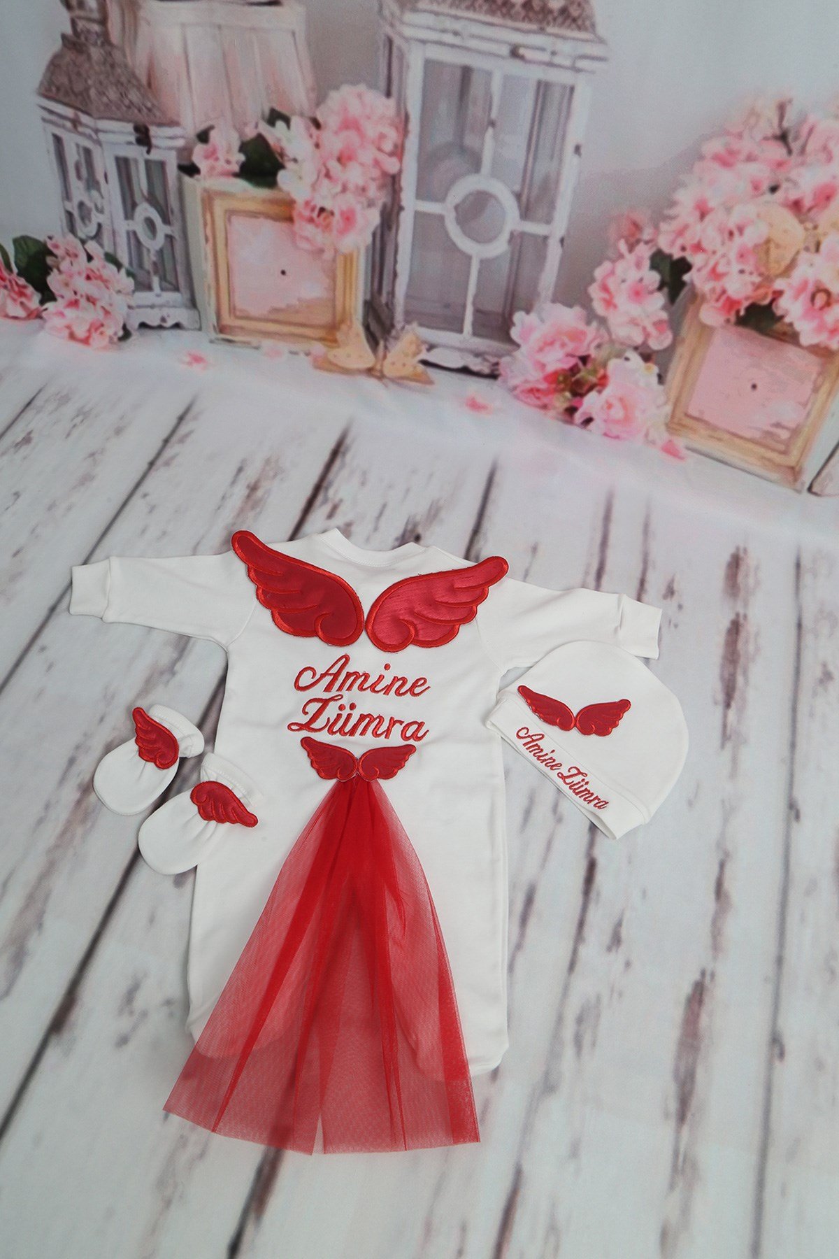 Lh3095 İsme Özel Kanat Nakışlı Hastane Çıkışı 3lü Set