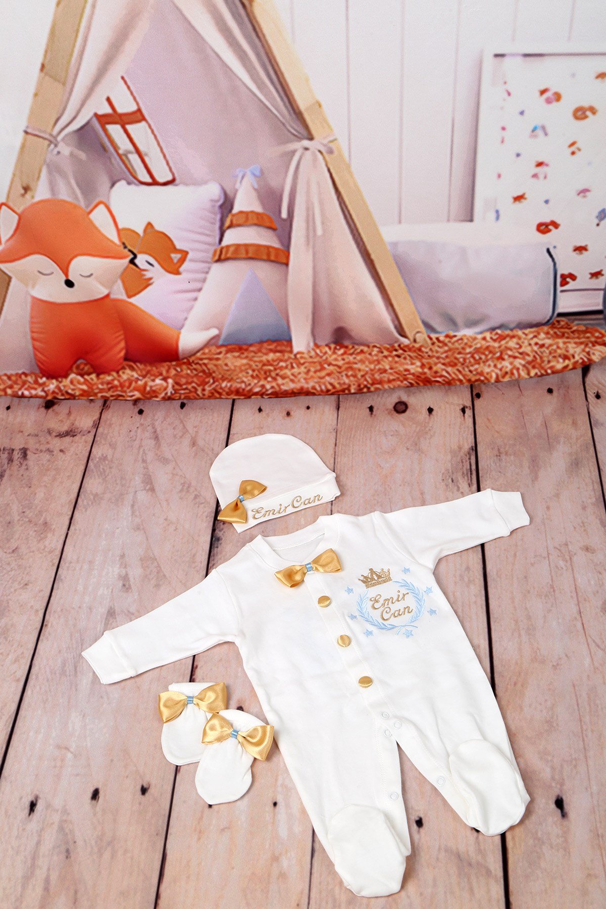 Lh3097 İsme Özel Gold Tac Çelenk Nakışlı Hastane Çıkışı 3lü Set