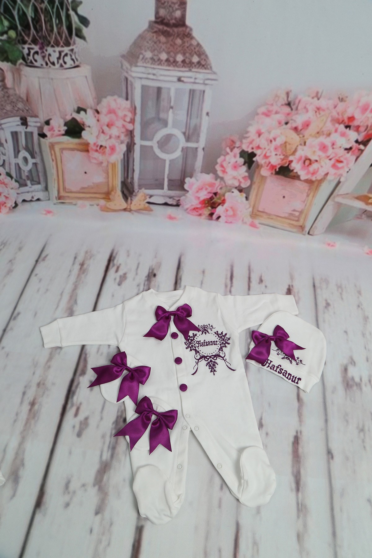 Lh3105 İsme Özel Kurdele ve Nakışlı Hastane Çıkışı 3lü Set