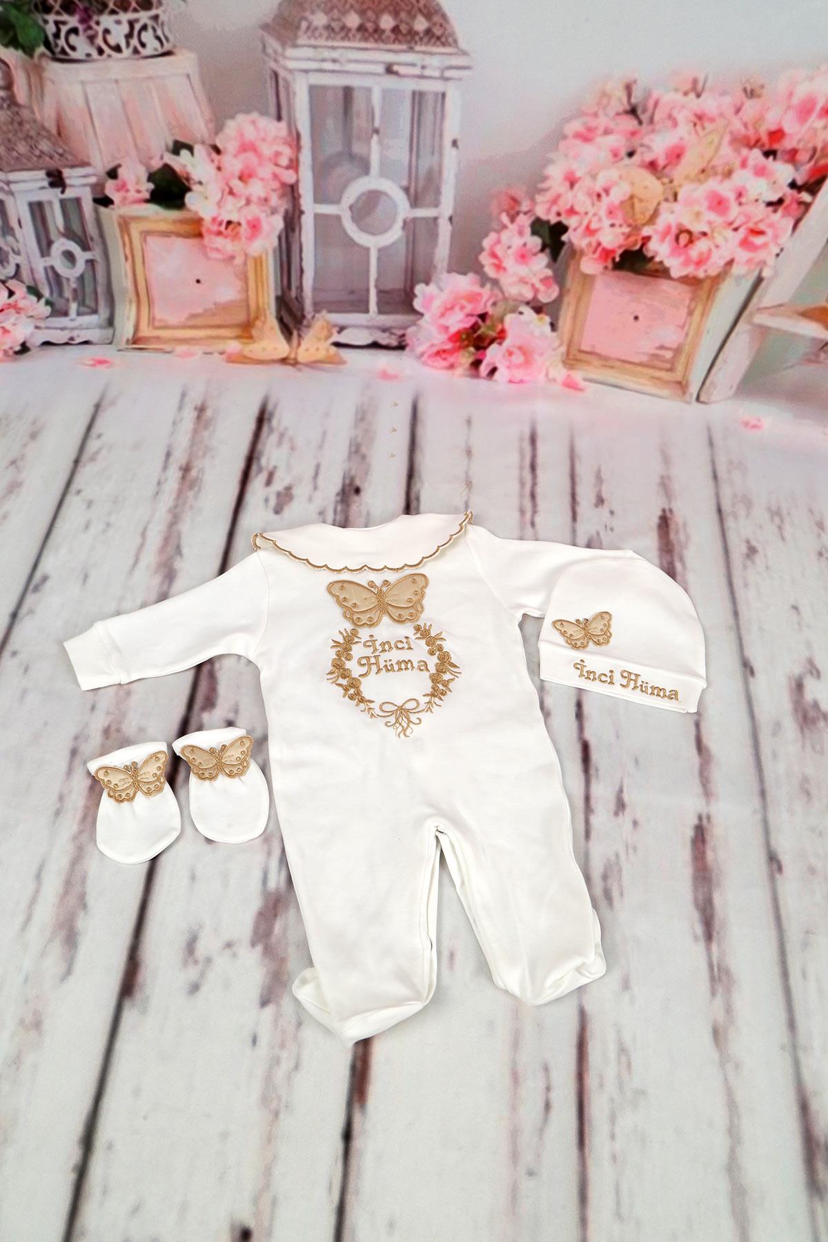 lh3159 İsme Özel Kelebek Nakışlı 3lü Hastane Çıkış Seti