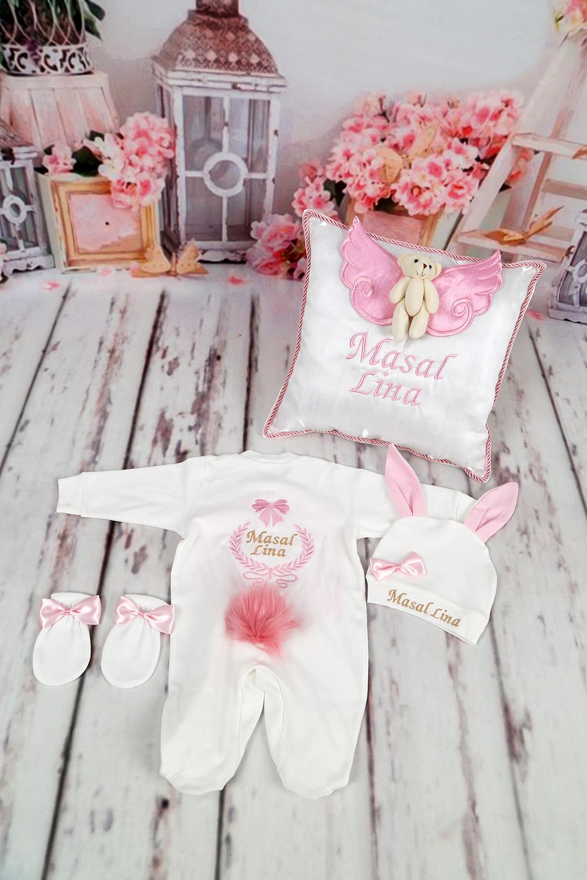 lh4162 İsme Özel Tavşan Detaylı Nakışlı 4lü Yastıklı Hastane Çıkış Seti
