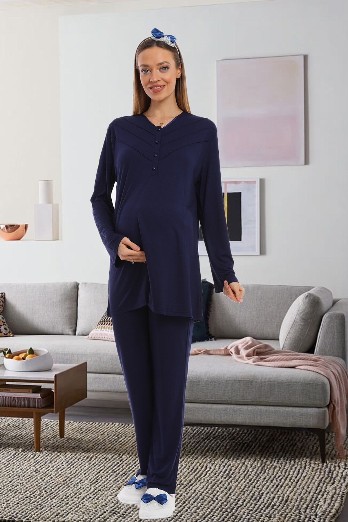 Lohusa Hamile 1092 Lacivert Kolay Emzirme Özellikli Lohusa Pijama Takımı