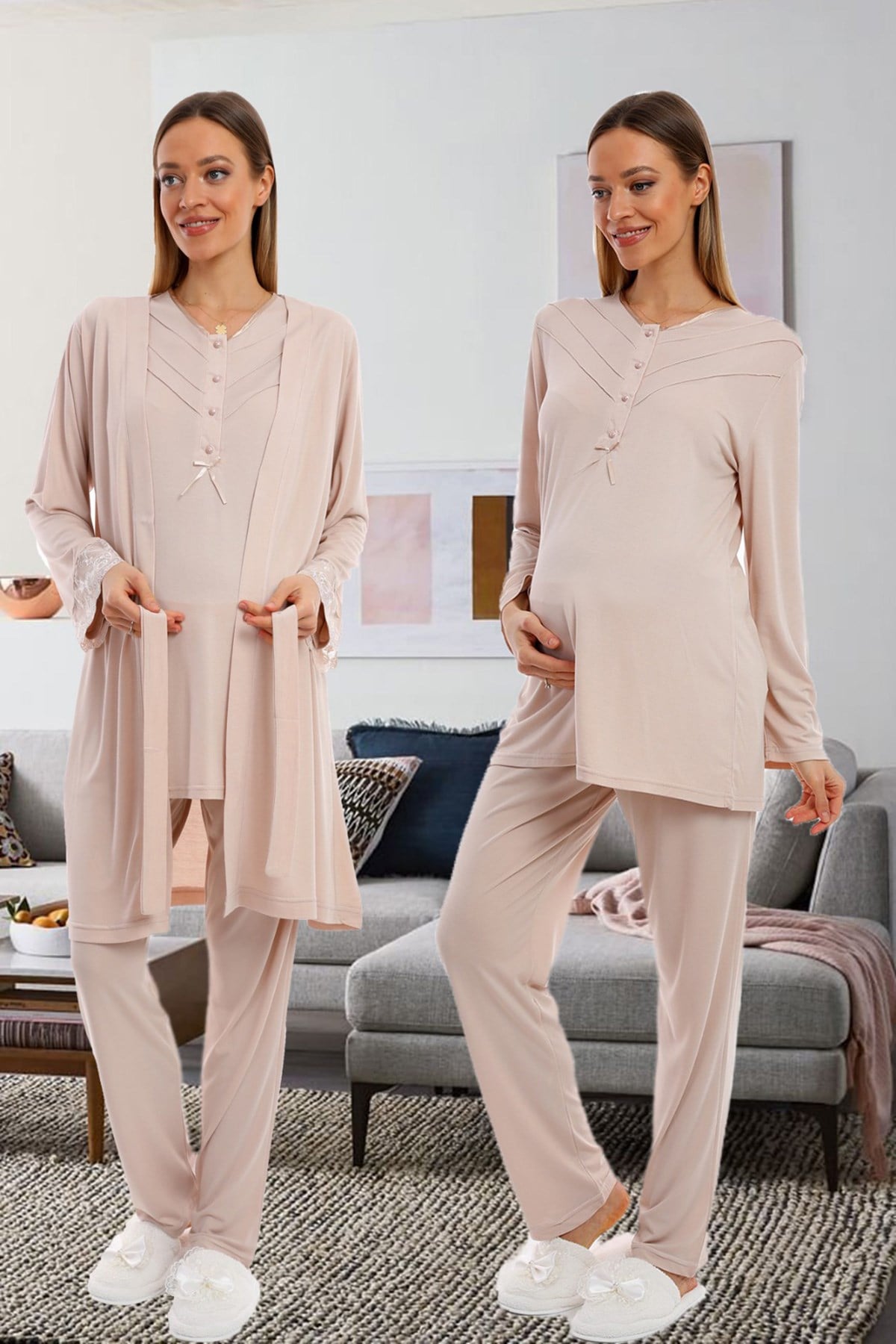 Lohusa Hamile 1094 Sütlü Kahve Sabahlıklı Lohusa Pijama Takımı
