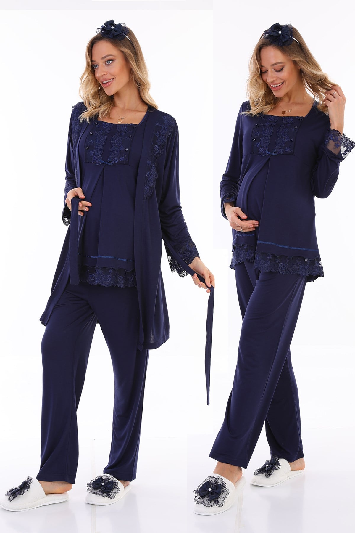 Lohusa Hamile 13044 Lacivert Emzirme Özellikli Sabahlıklı Lohusa Pijama Takımı