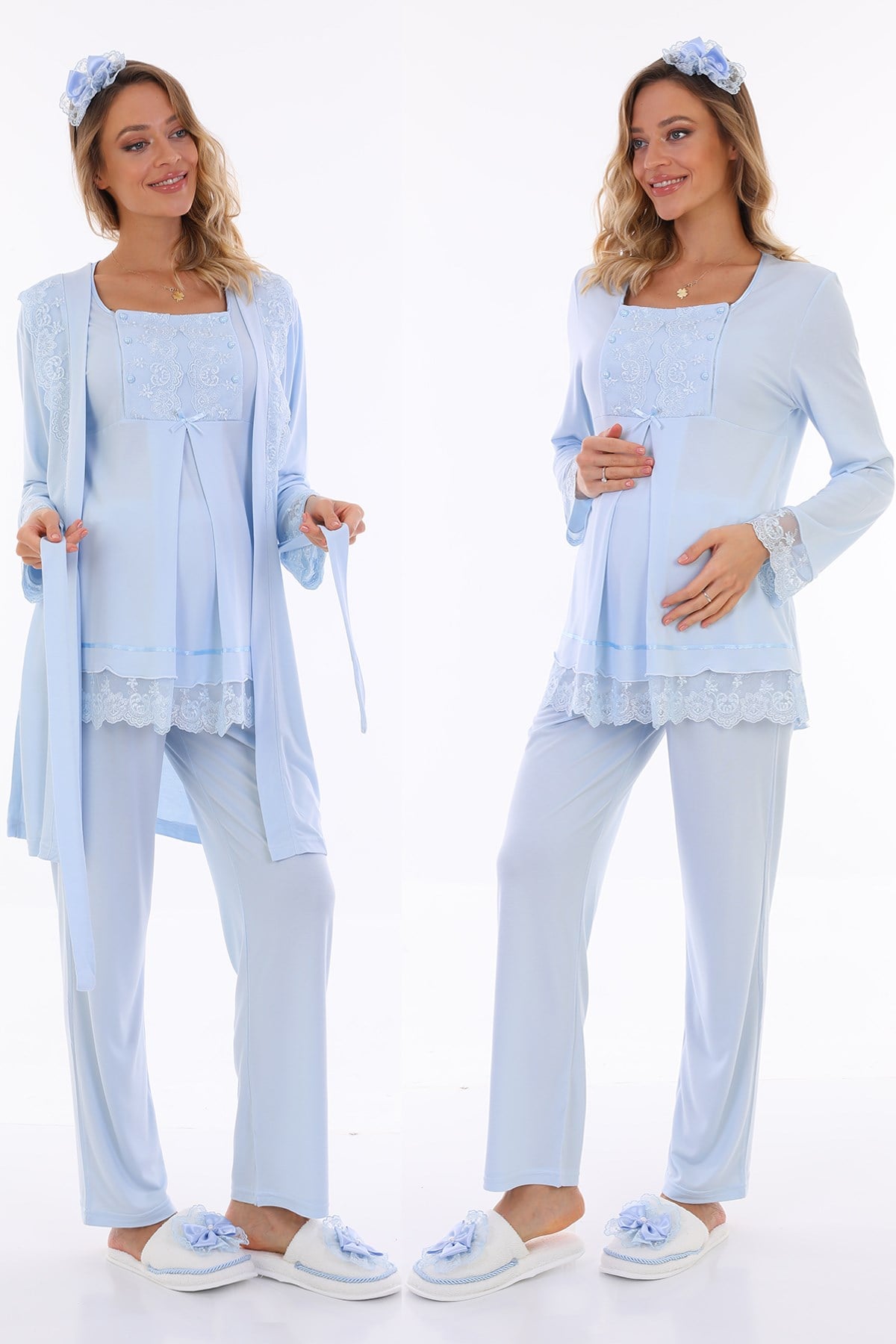 Lohusa Hamile 13044 Mavi Emzirme Özellikli Sabahlıklı Lohusa Pijama Takımı