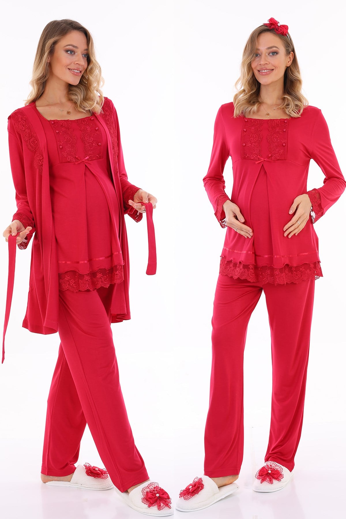 Lohusa Hamile 13044 Vişne Emzirme Özellikli Sabahlıklı Lohusa Pijama Takımı