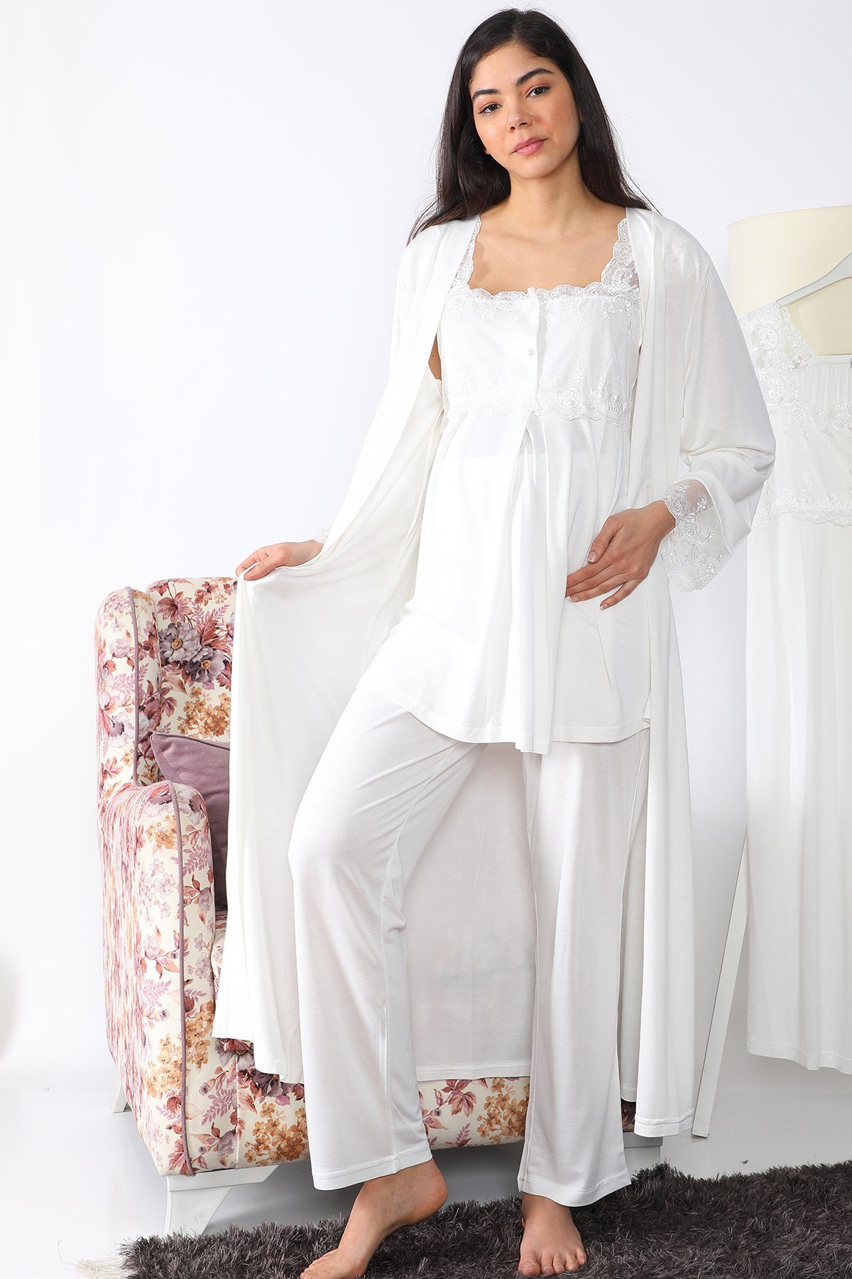 Lohusa Hamile 2501 Ekru Uzun Sabahlıklı Lohusa Pijama Takımı