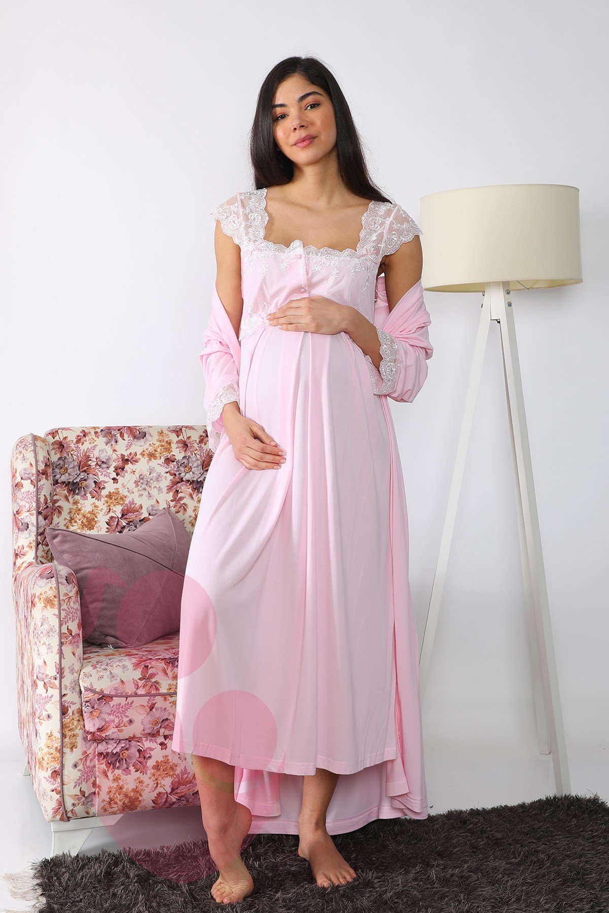 Lohusa Hamile 2502 Pembe Uzun Sabahlıklı Lohusa Gecelik Takımı