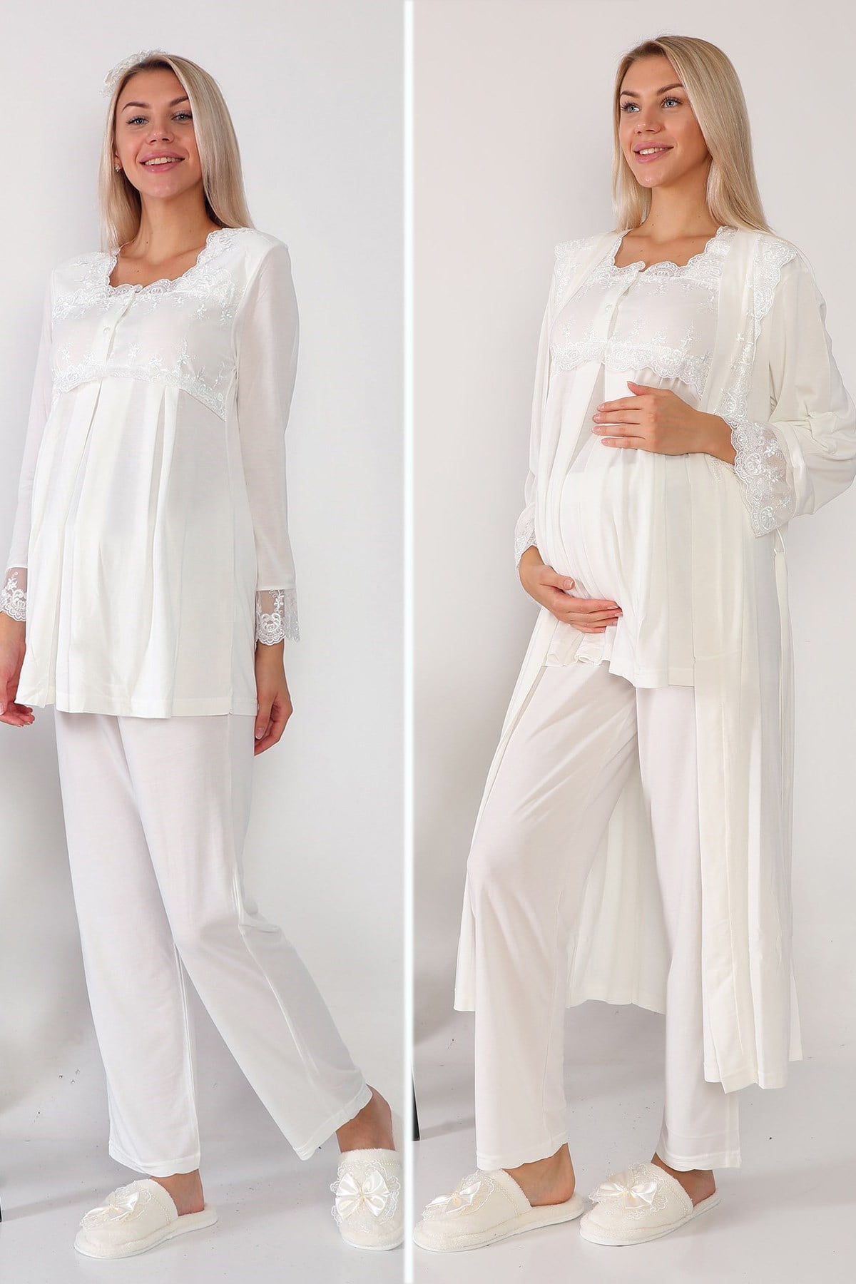 Lohusa Hamile 2601 Ekru Uzun Sabahlıklı Lohusa Pijama