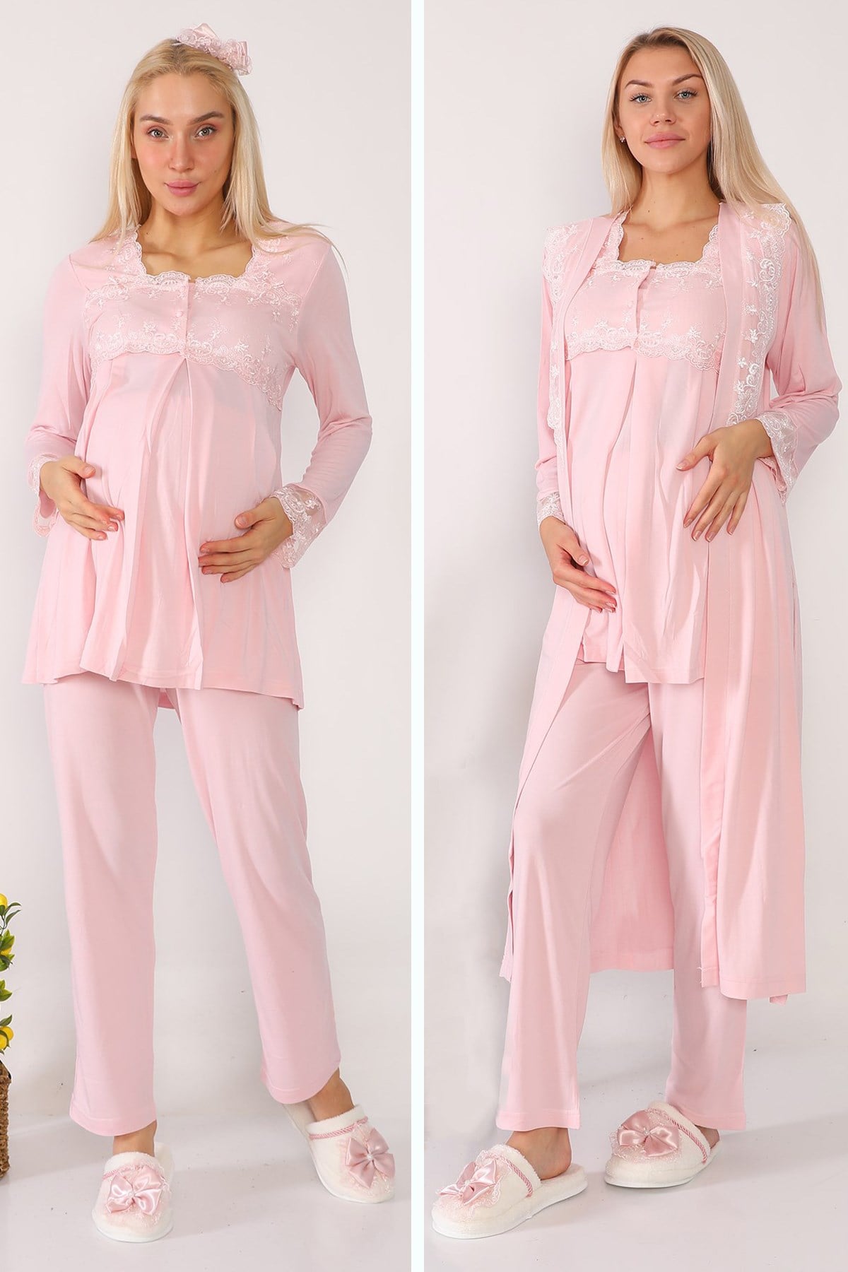 Lohusa Hamile 2601 Pembe Uzun Sabahlıklı Lohusa Pijama