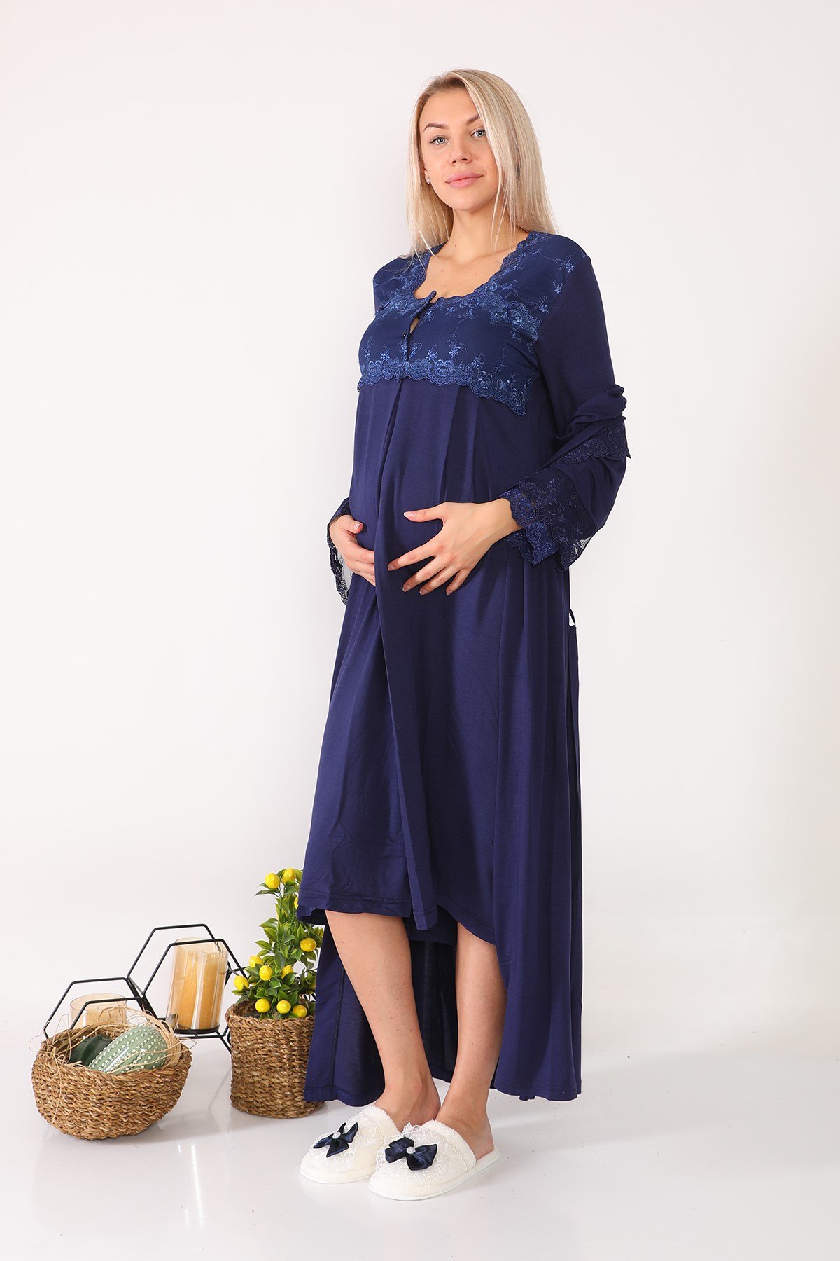 Lohusa Hamile 2602 Lacivert Uzun Sabahlıklı Lohusa Gecelik Takımı