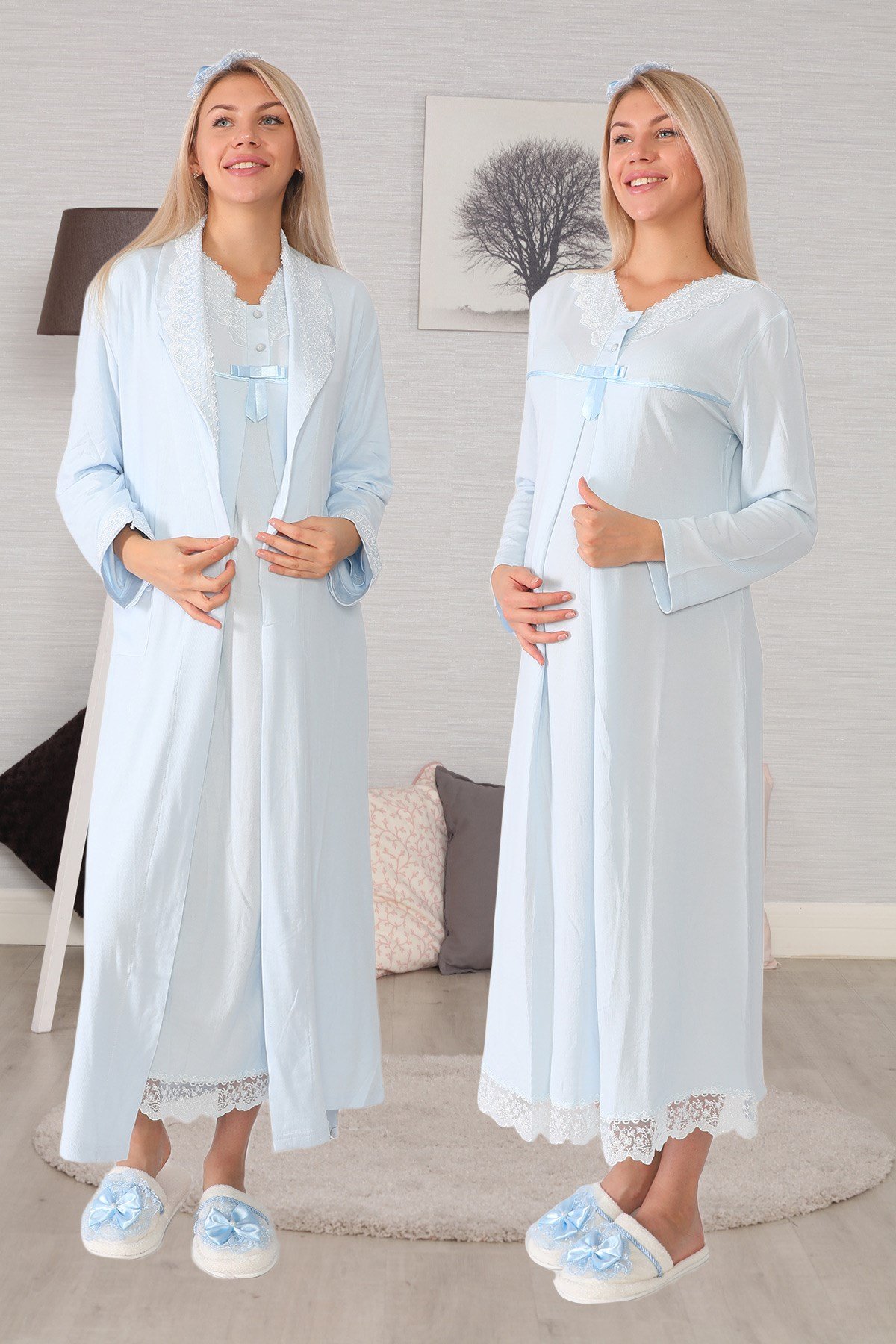 Lohusa Hamile 6035 Mavi Sabahlıklı Lohusa Gecelik Takımı