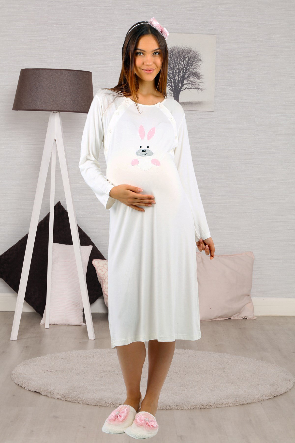 Lohusahamile 30930 Pembe Tavşan Desenli Lohusa Gecelik