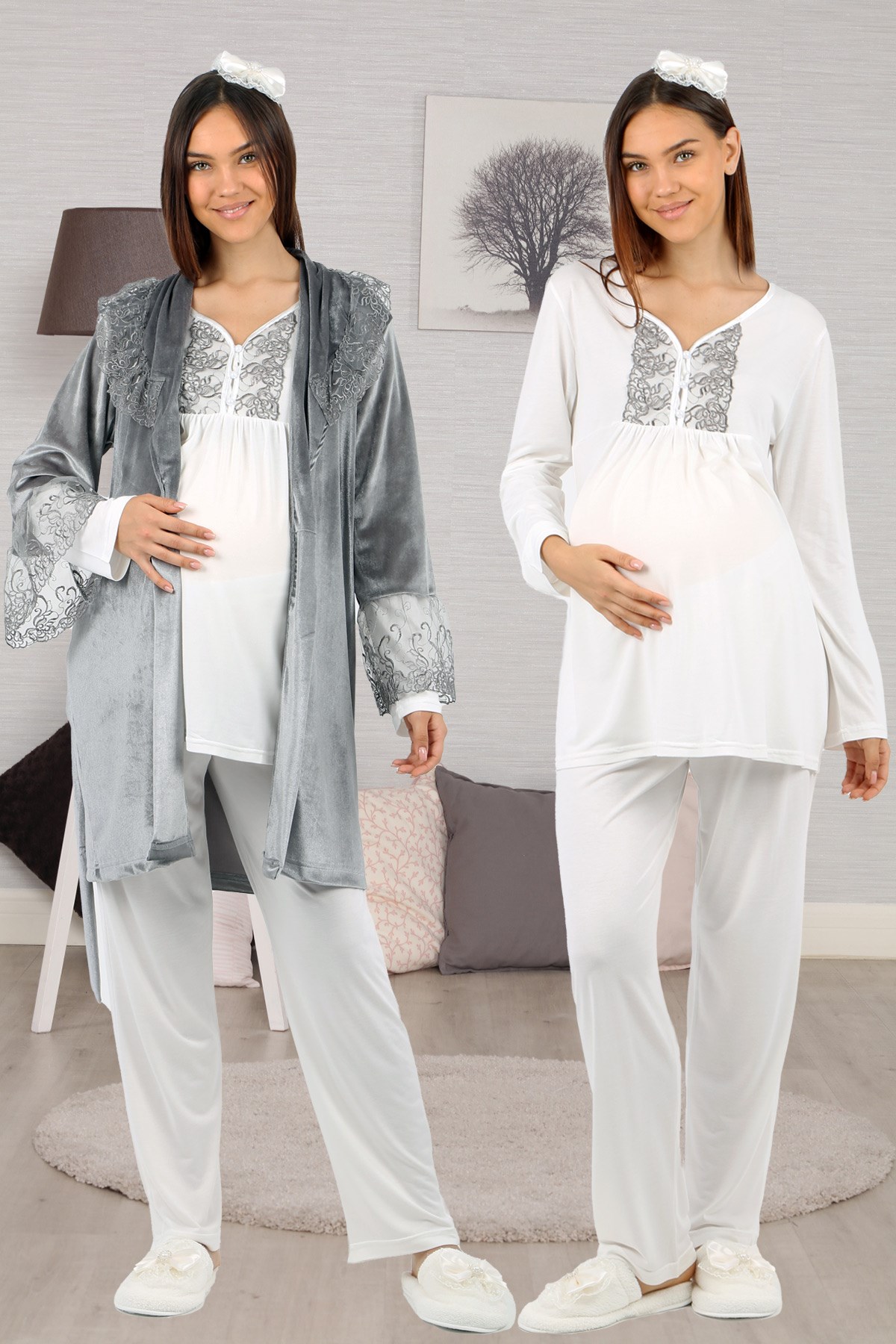 Lohusahamile 80880 Füme Kadife Sabahlıklı Dantelli Lohusa Pijama Takımı