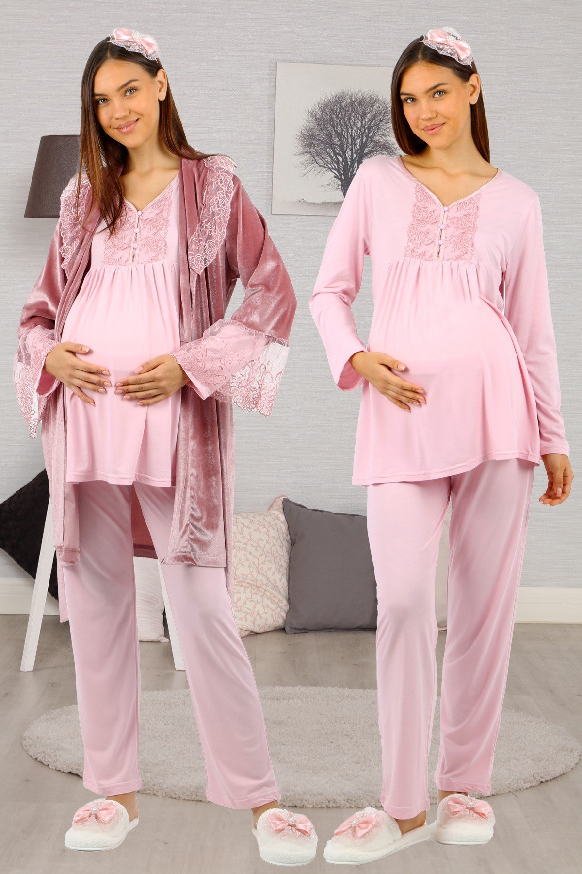 Lohusahamile 80880 Pudra Pembe Kadife Sabahlıklı Dantelli Lohusa Pijama Takımı