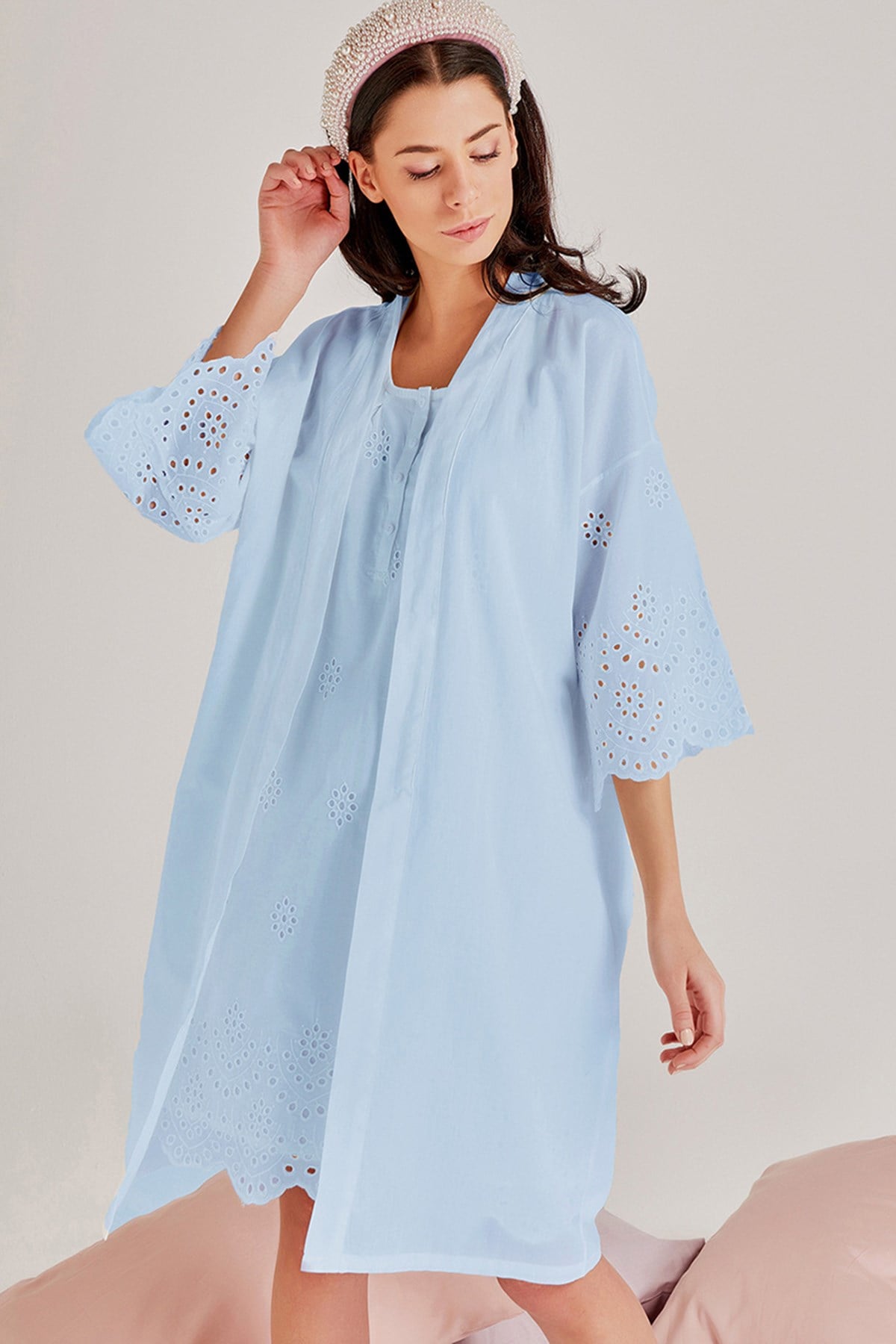 Magic Form 30108 Mavi Brode Sabahlıklı Lohusa Gecelik Takımı