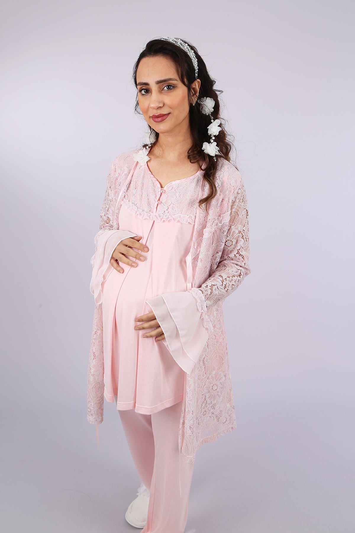 Marilyn 23341 Pudra Dantel Sabahlıklı Lohusa Pijama Takımı