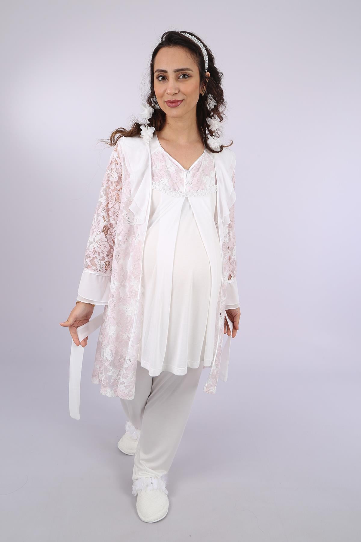 Marilyn 23349 Pudra Dantel Sabahlıklı Lohusa Pijama Takımı