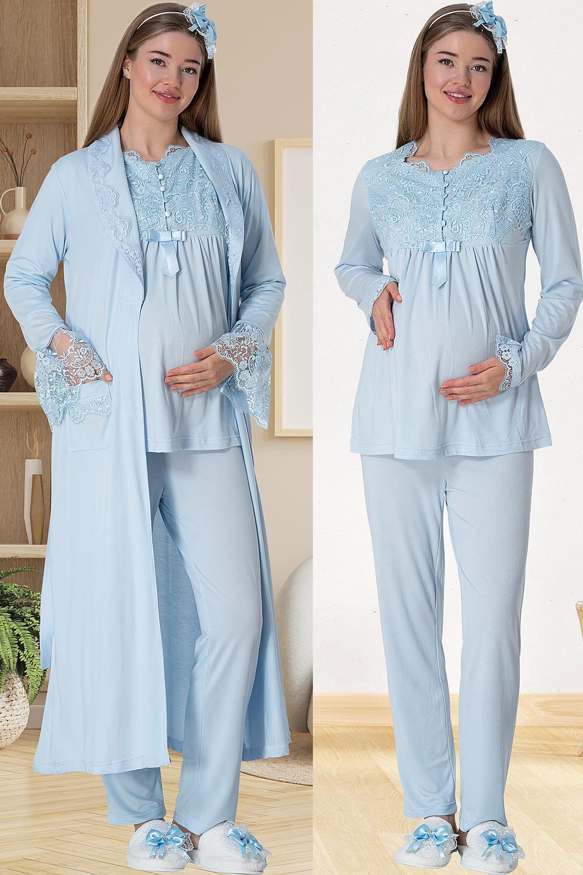 Mecit 5416 Mavi Uzun Sabahlıklı Lohusa Pijama Takımı