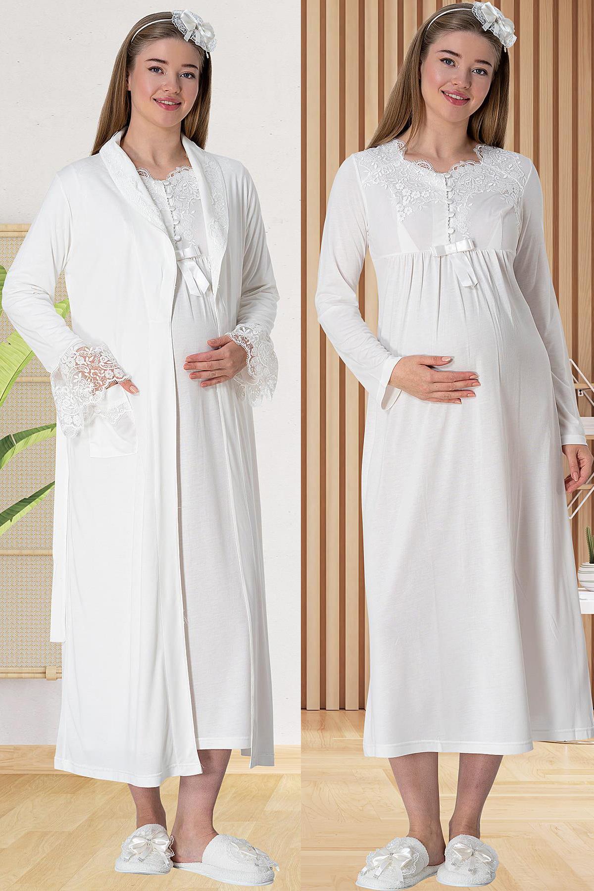 Mecit 5417 Ekru Sabahlıklı Lohusa Gecelik