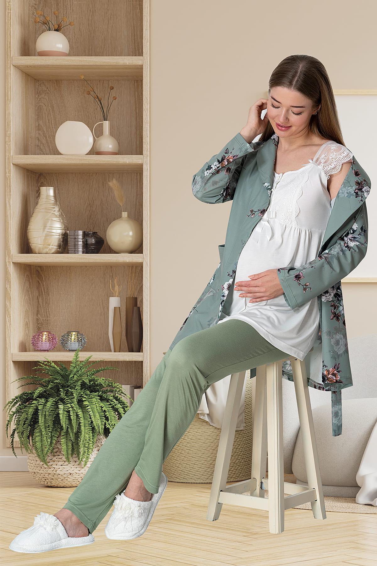 Mecit 5804 Yeşil Desen Sabahlıklı Lohusa Pijama Takımı