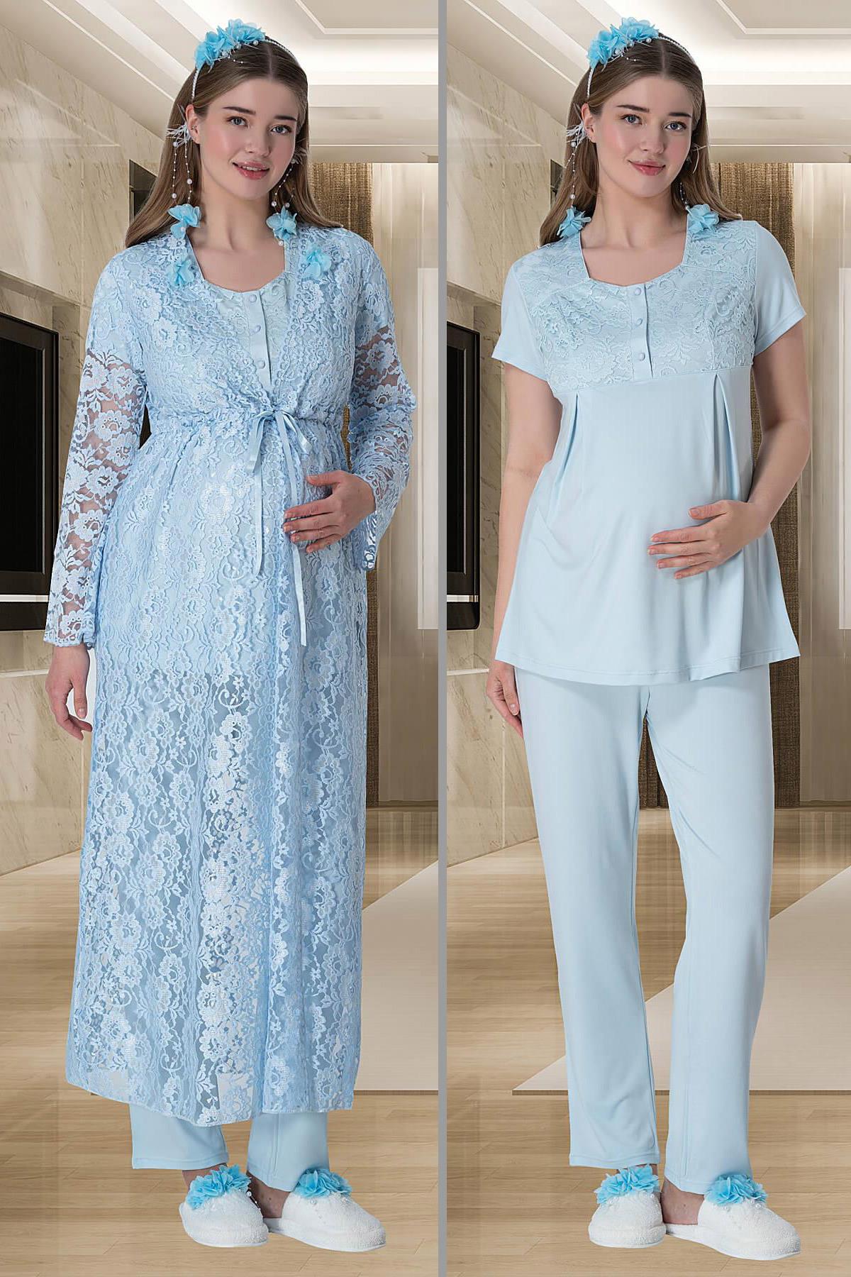 Mecit 6000 Mavi Dantel Sabahlıklı Lohusa Pijama Takımı