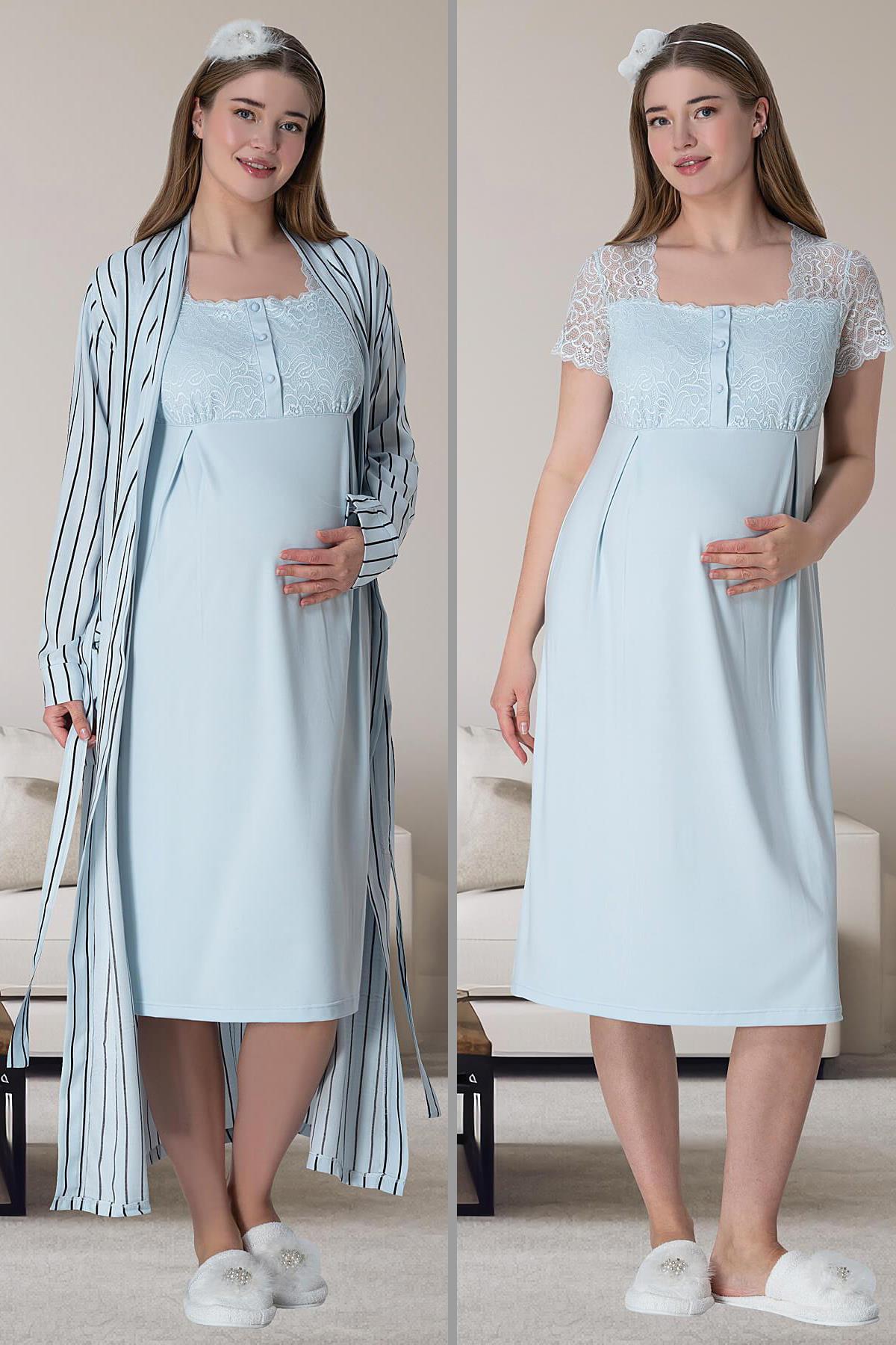 Mecit 6006 Mavi Çizgili Uzun Sabahlıklı Lohusa Gecelik Takımı