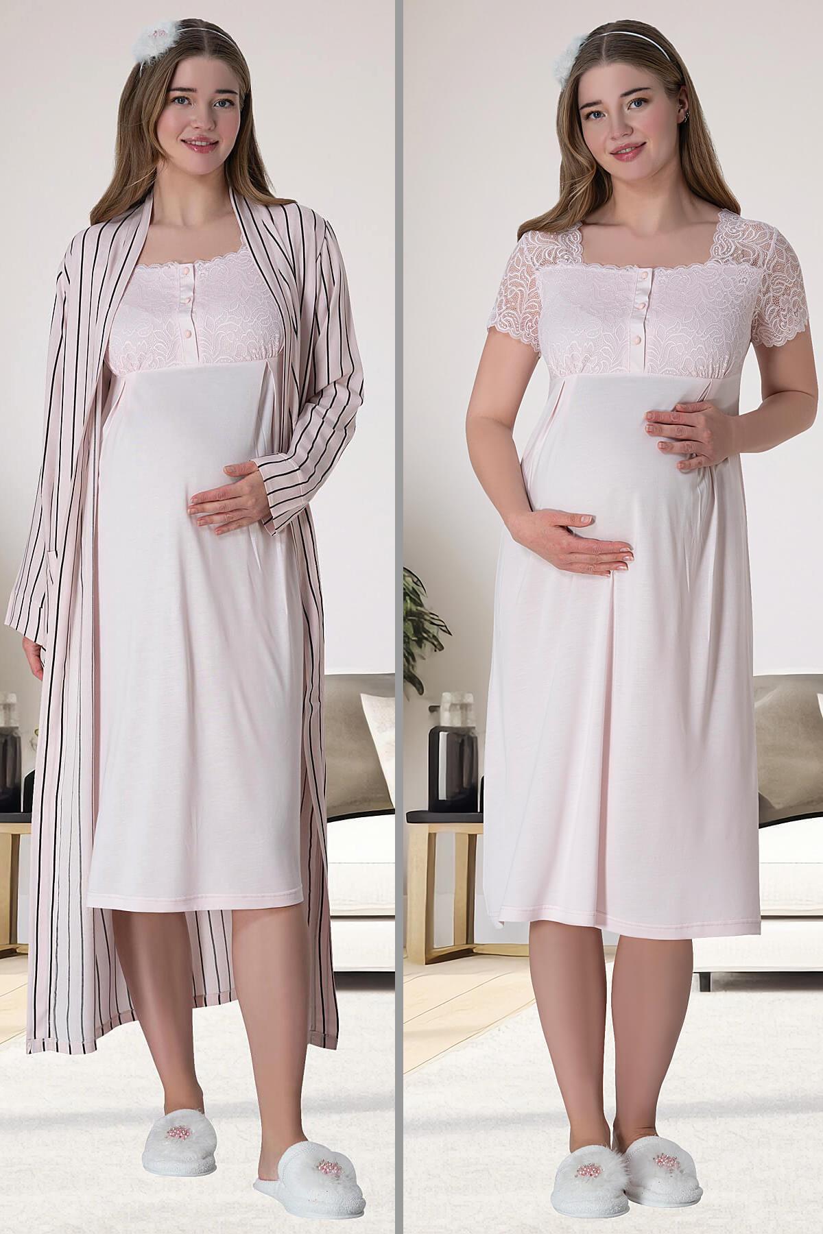 Mecit 6006 Pembe Çizgili Uzun Sabahlıklı Lohusa Gecelik Takımı