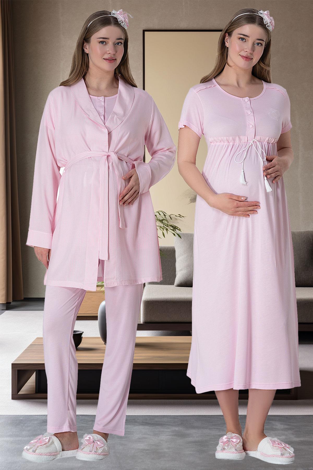 Mecit 6061 Pembe Çizgi Sabahlıklı 4lü Lohusa Set