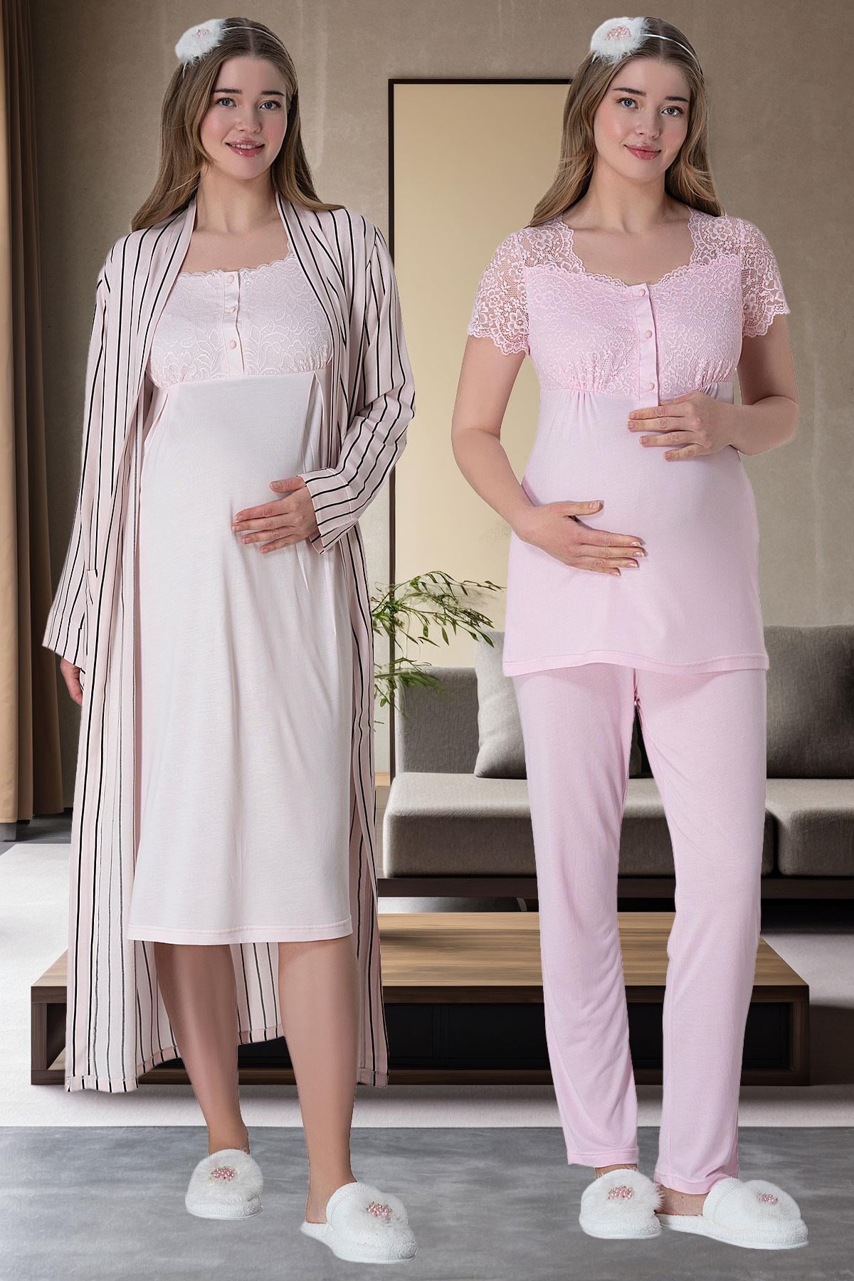 Mecit 6063 Pembe Çizgi Sabahlıklı 4lü Lohusa Set