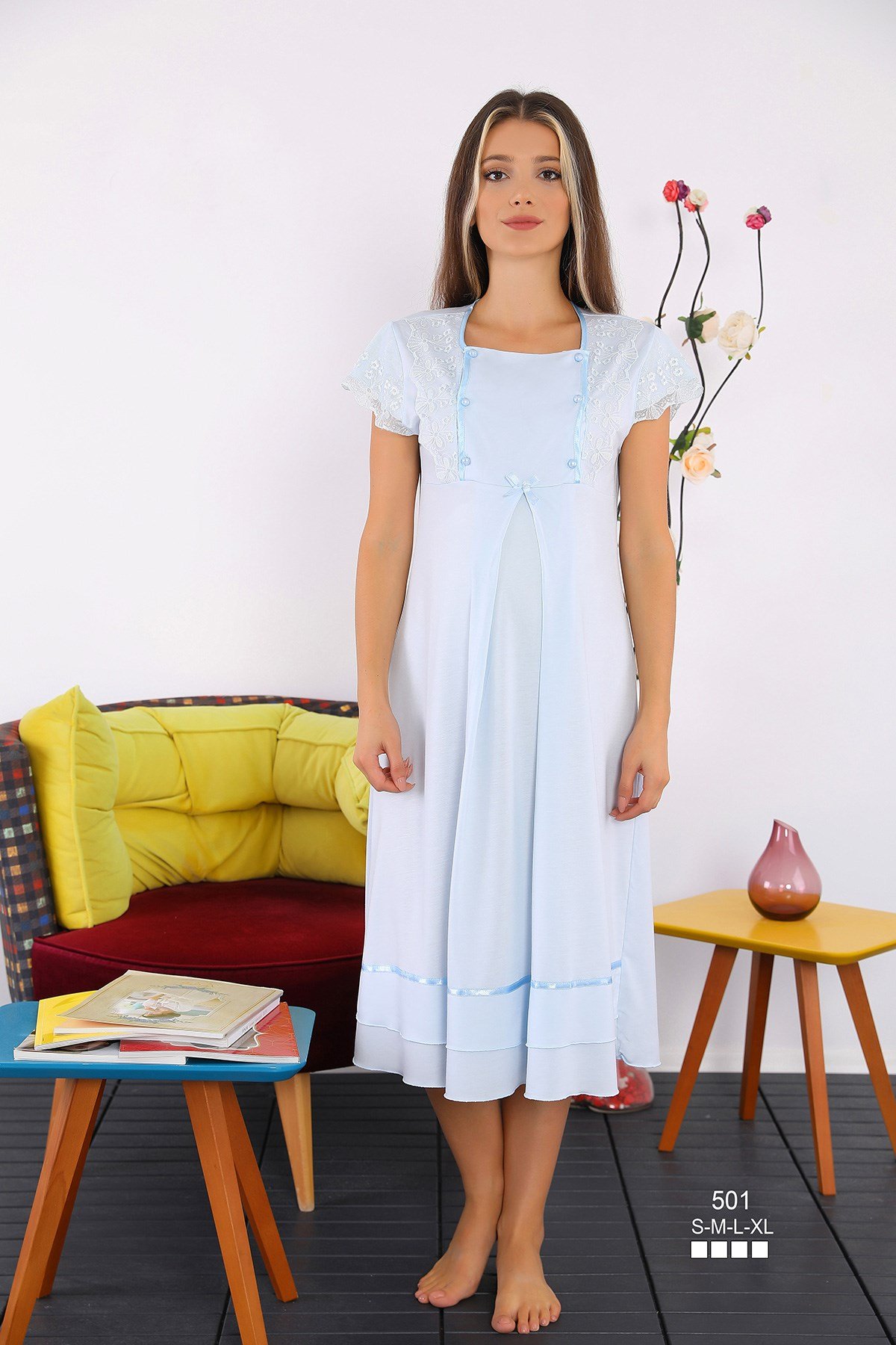 Miss Mirella 501 Mavi Papatya Dantelli Lohusa Gecelik Takımı