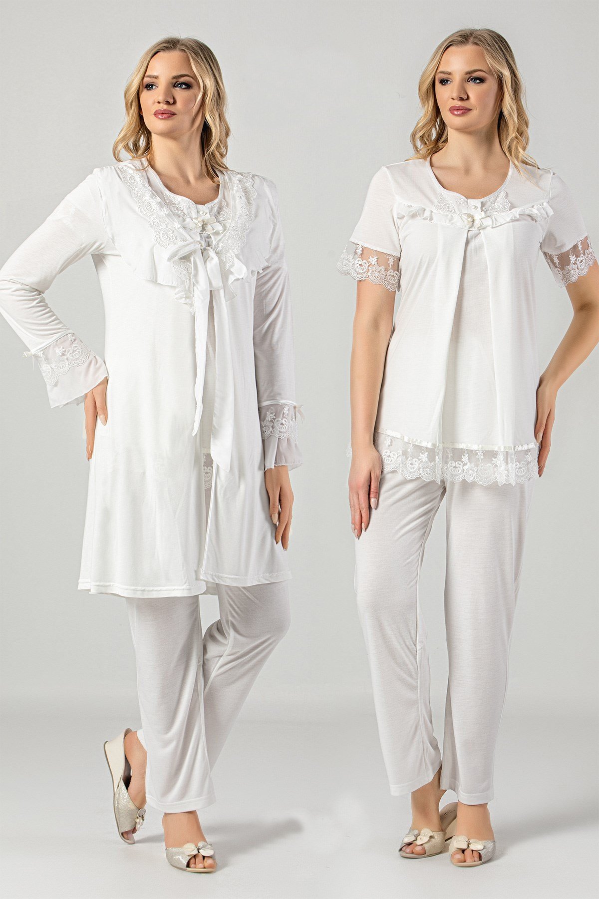 Miss Mirella 701 Tüll Dantel Sabahlıklı Lohusa Pijama Takımı