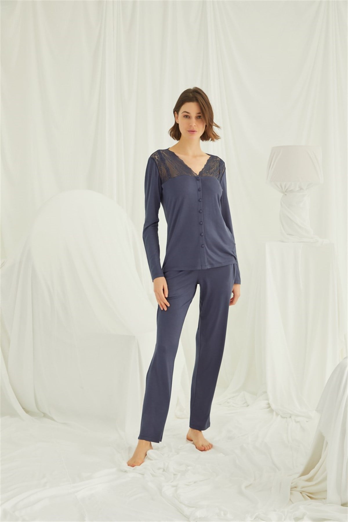 Monamise 18209 Lacivert Önden Düğmeli Lohusa Pijama