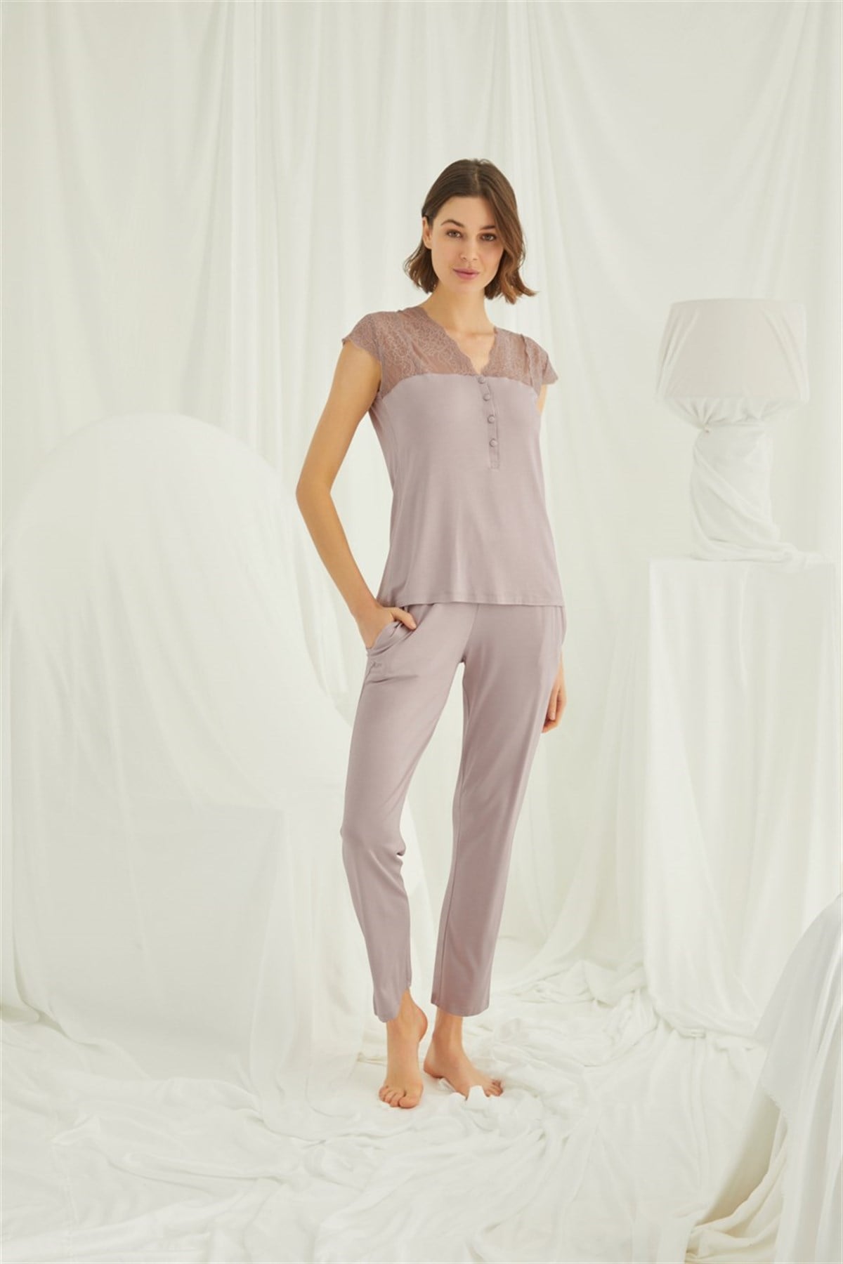 Monamise 18437 Vizon Dantel Detaylı Düğmeli Lohusa Pijama