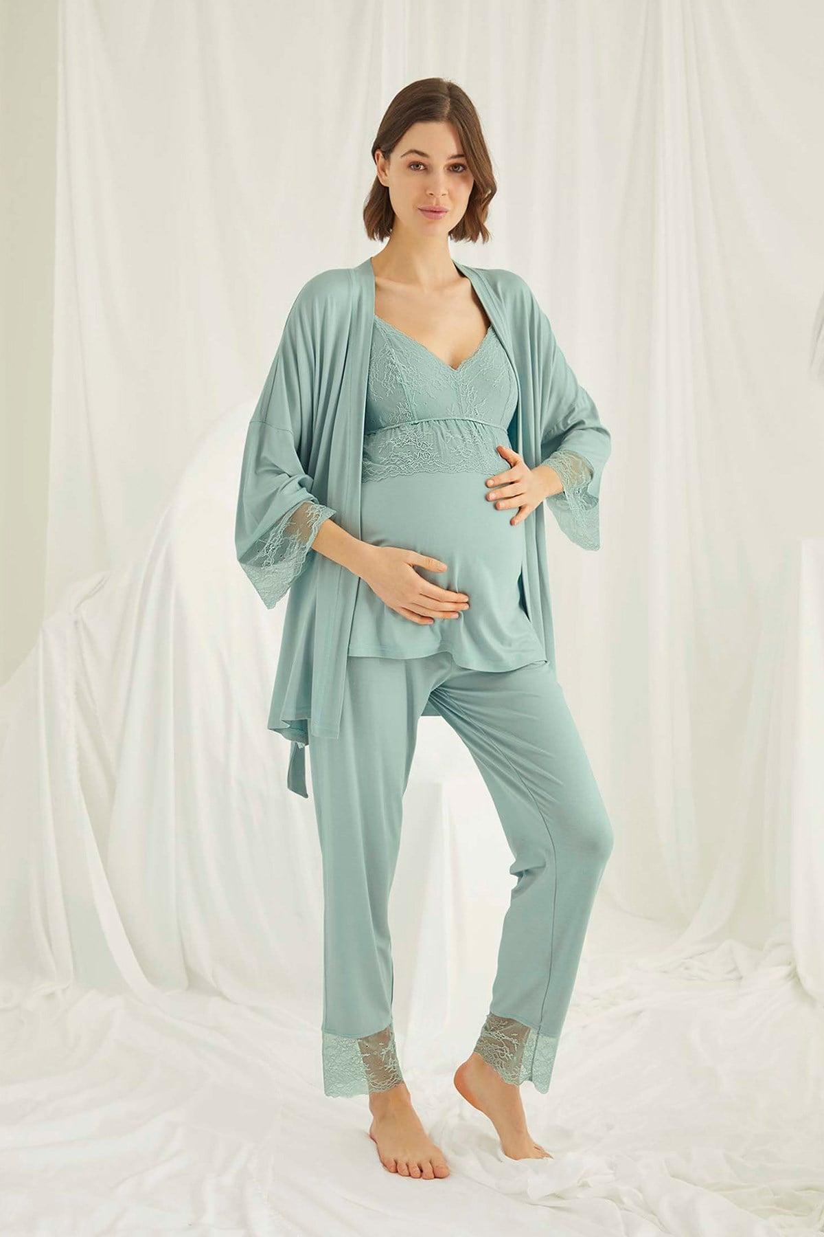 Monamise 18469 Dantel Sabahlıklı Lohusa Pijama Takımı