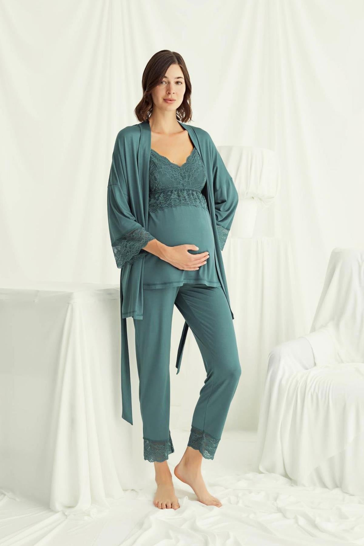 Monamise 18523 Sabahlıklı Omuzları Dantel Detaylı Lohusa Pijama Takımı