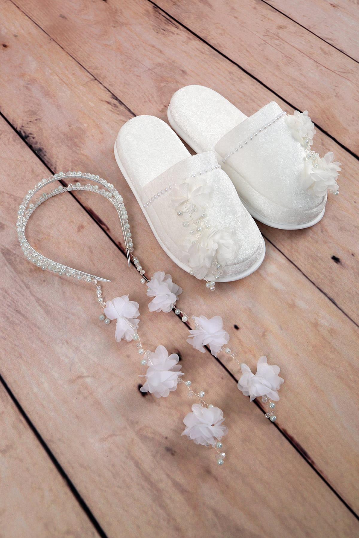 Özel Tasarım Sarkan incili tac ve Lohusa Terlik Seti