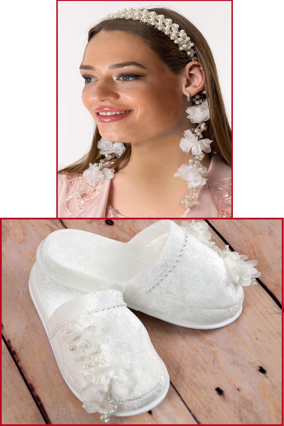 Özel Tasarım Sarkan incili tac ve Lohusa Terlik Seti Modeli