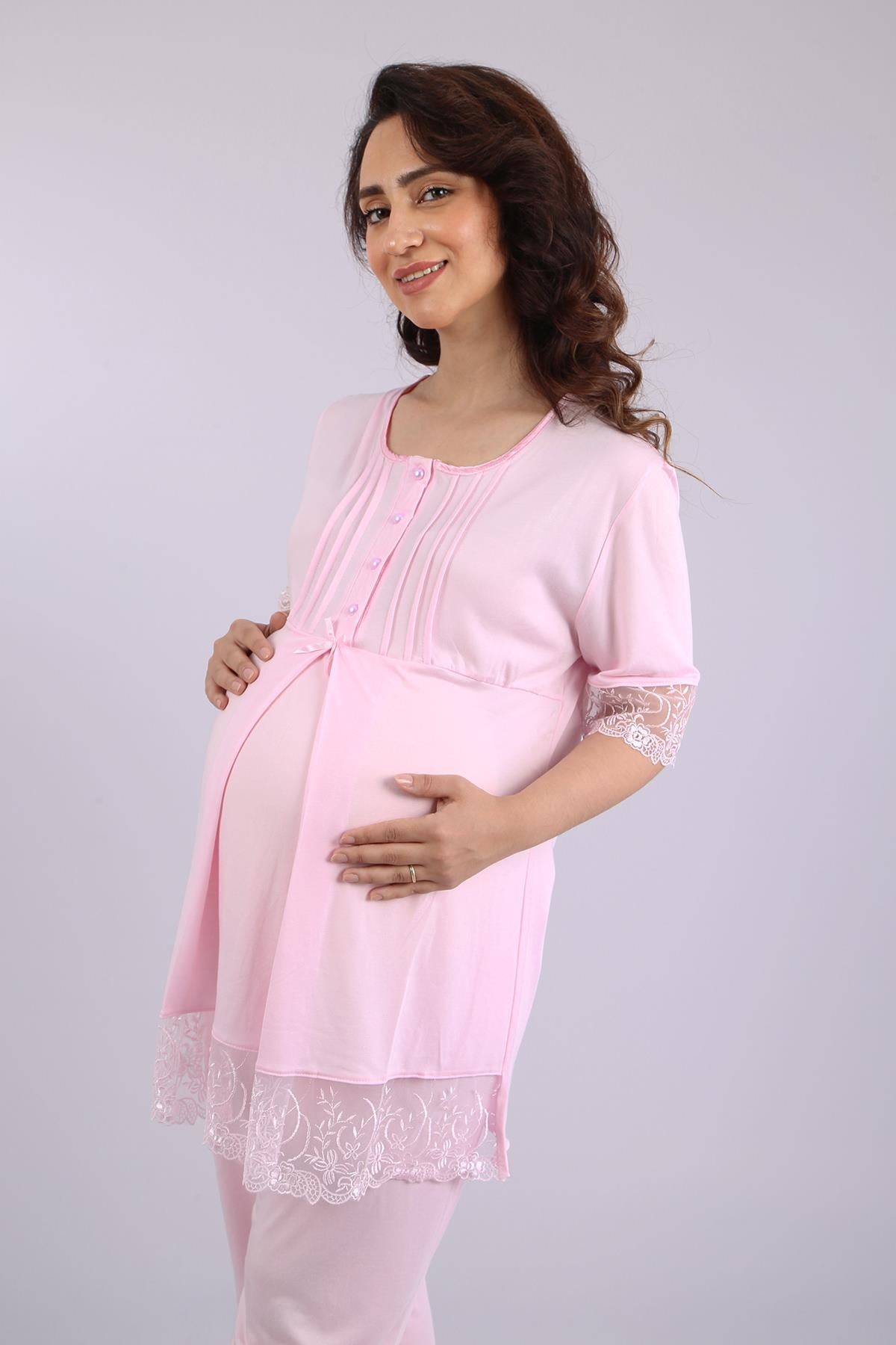 Pembe Gizli Emzirme Özellikli Lohusa Pijama Takımı - 1062