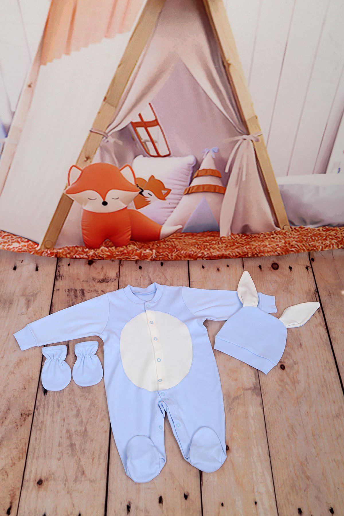 Tavşanlı Mavi-Ekru 3'lü Tulum Seti