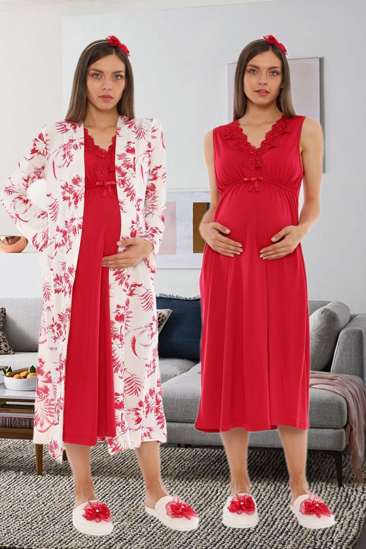 Vişne Desen Detaylı Sabahlıklı Lohusa Gecelik Takımı 18035