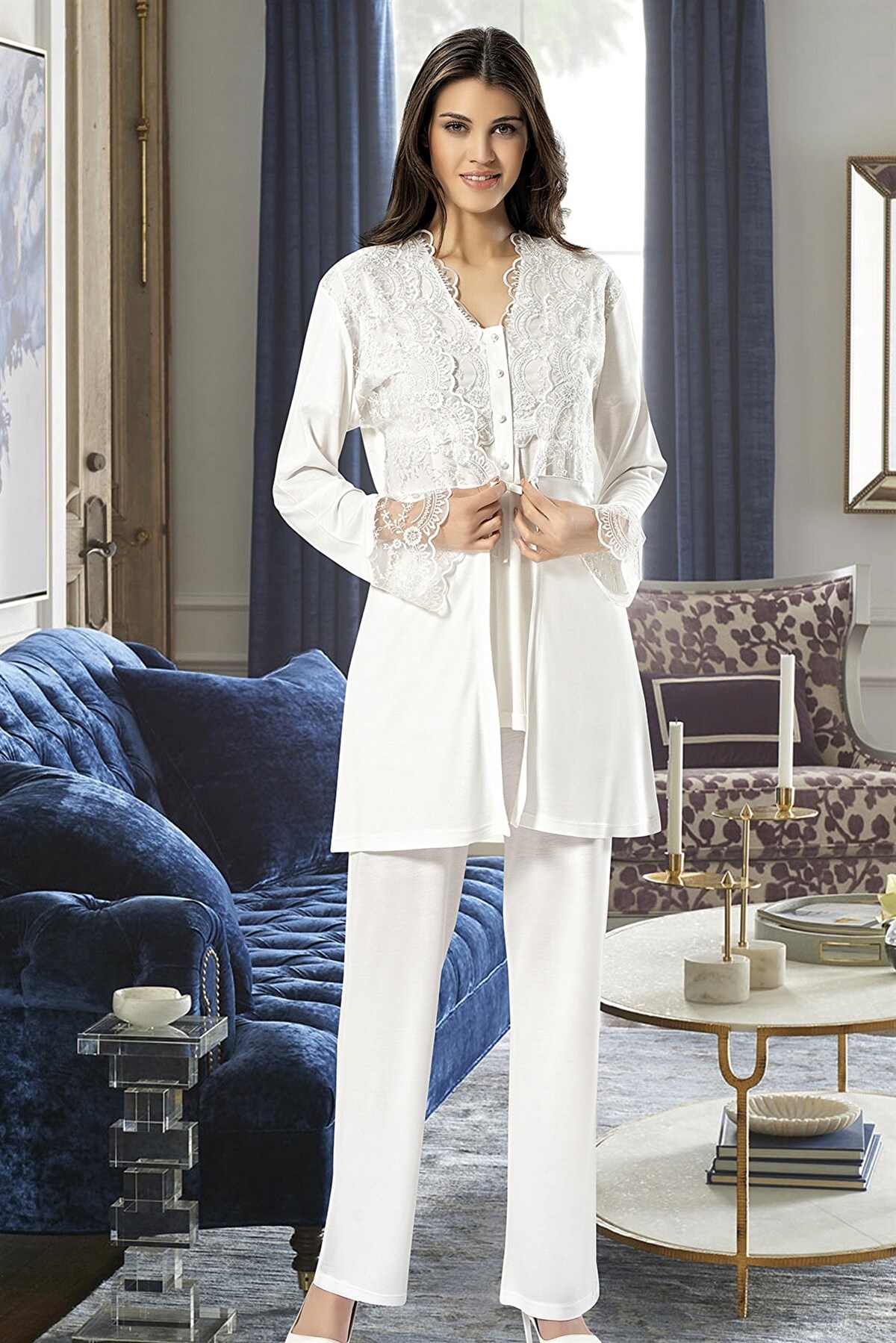 Xses 4300 Ekru Sabahlıklı Lohusa Pijama Takımı